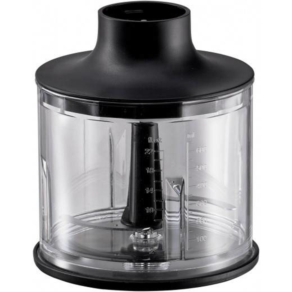 Przezroczysta plastikowa nasadka do blendera z ostrzem, na białym tle.