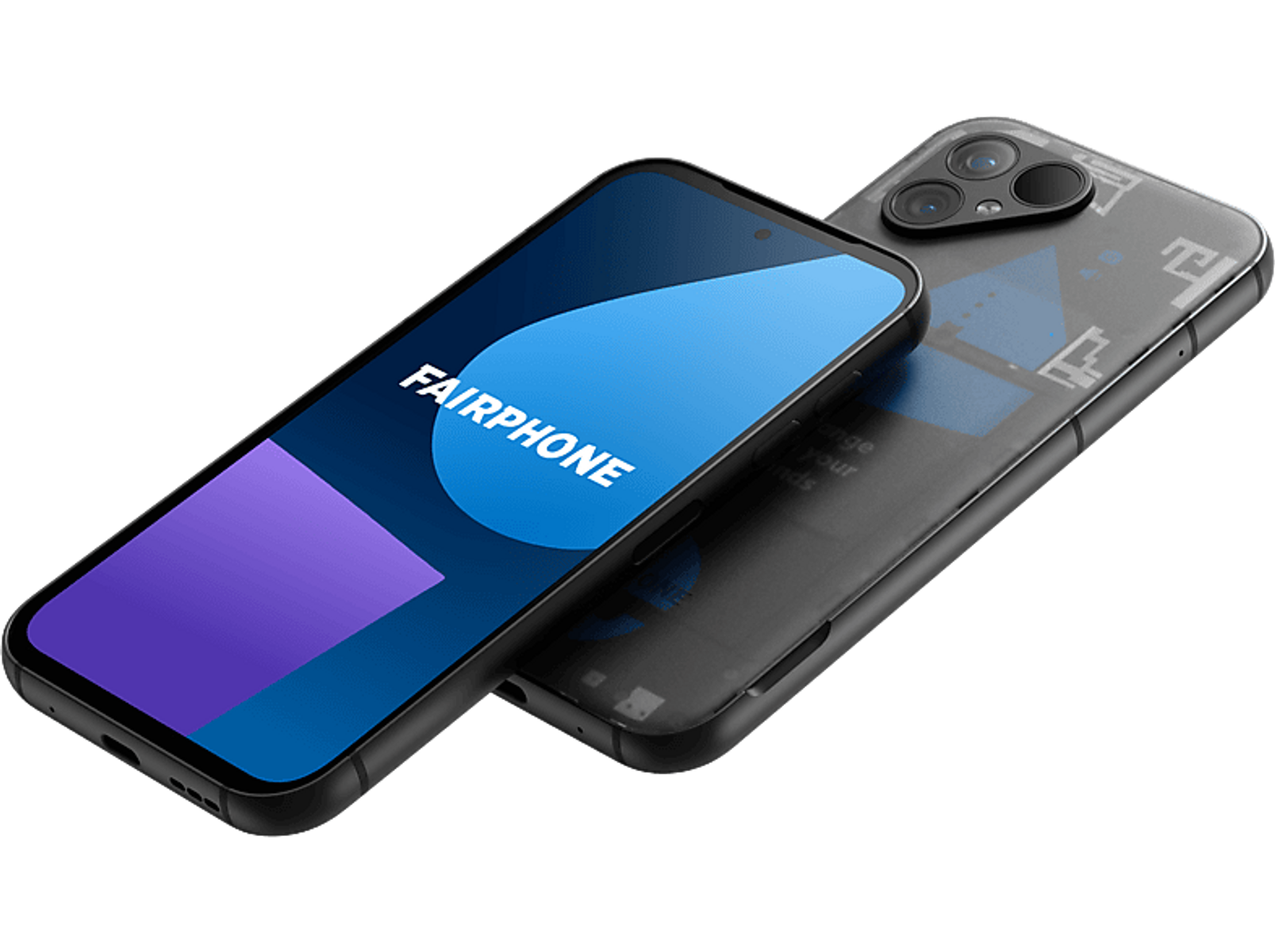 Zwei Telefone. Eines offen, mit Fairphone-Logo auf dem Bildschirm. Das andere zeigt innere Komponenten.