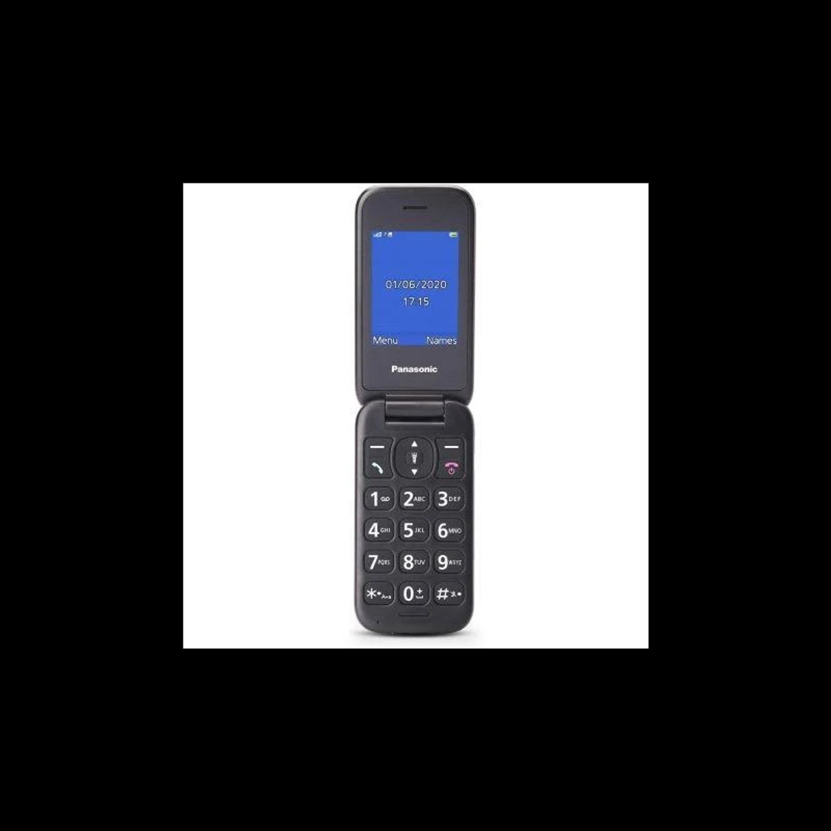 Offenes Panasonic Klapphandy, zeigt Datum, Uhrzeit, Menü und Nummern.