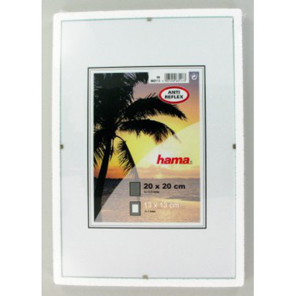 Cornice bianca con un'immagine all'interno, etichettata 'ANTI REFLEX' e 'hama'.