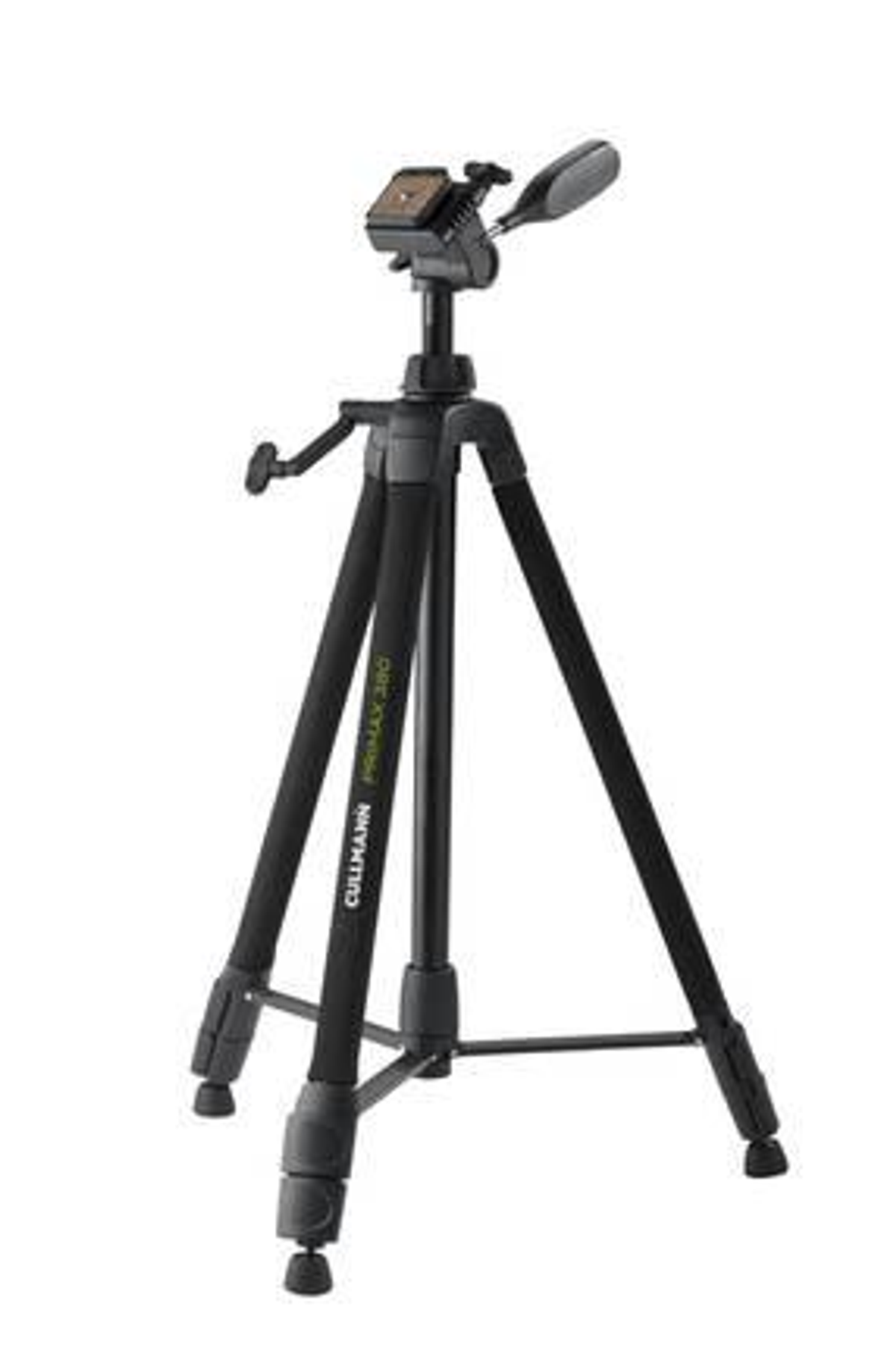 Ein schwarzes Cullmann Primax 380 Stativ mit Kopf, Beinen und Verstellhebeln, vor weißem Hintergrund.