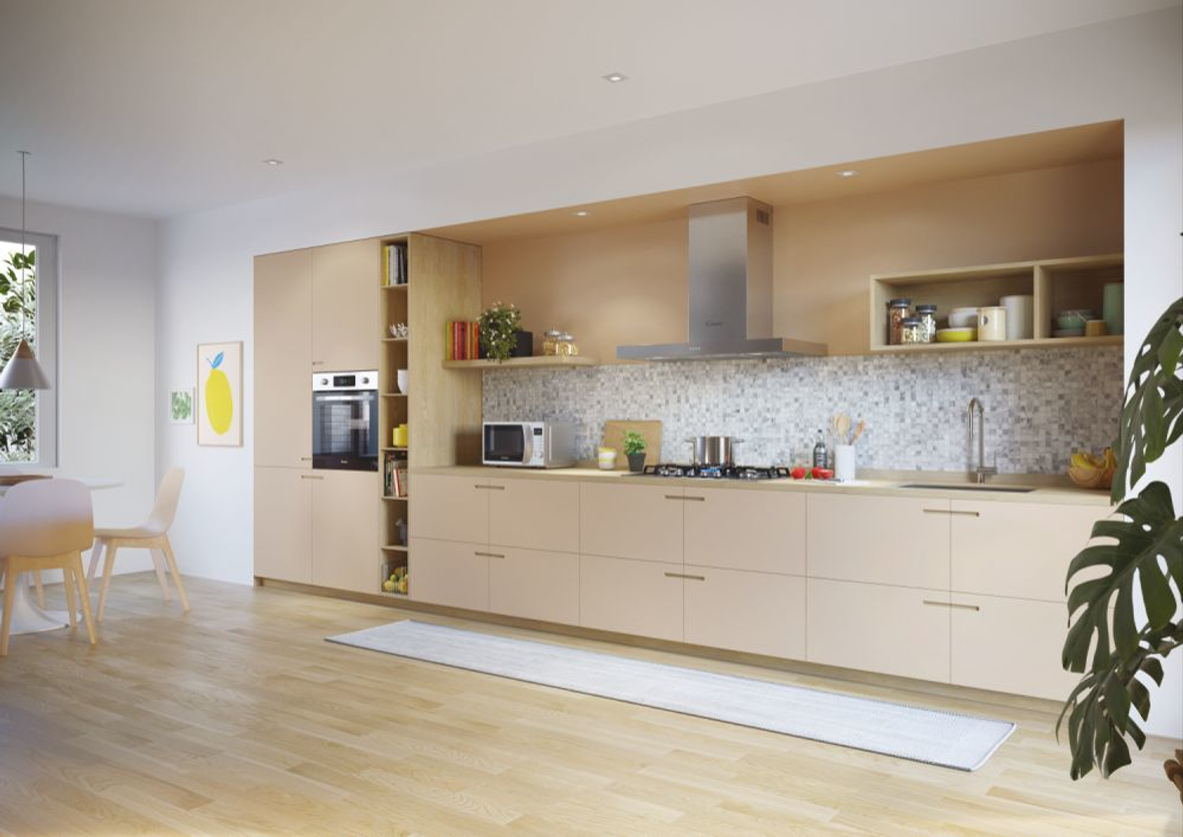 Cocina moderna con gabinetes de madera clara, campana de acero inoxidable y pisos de madera.