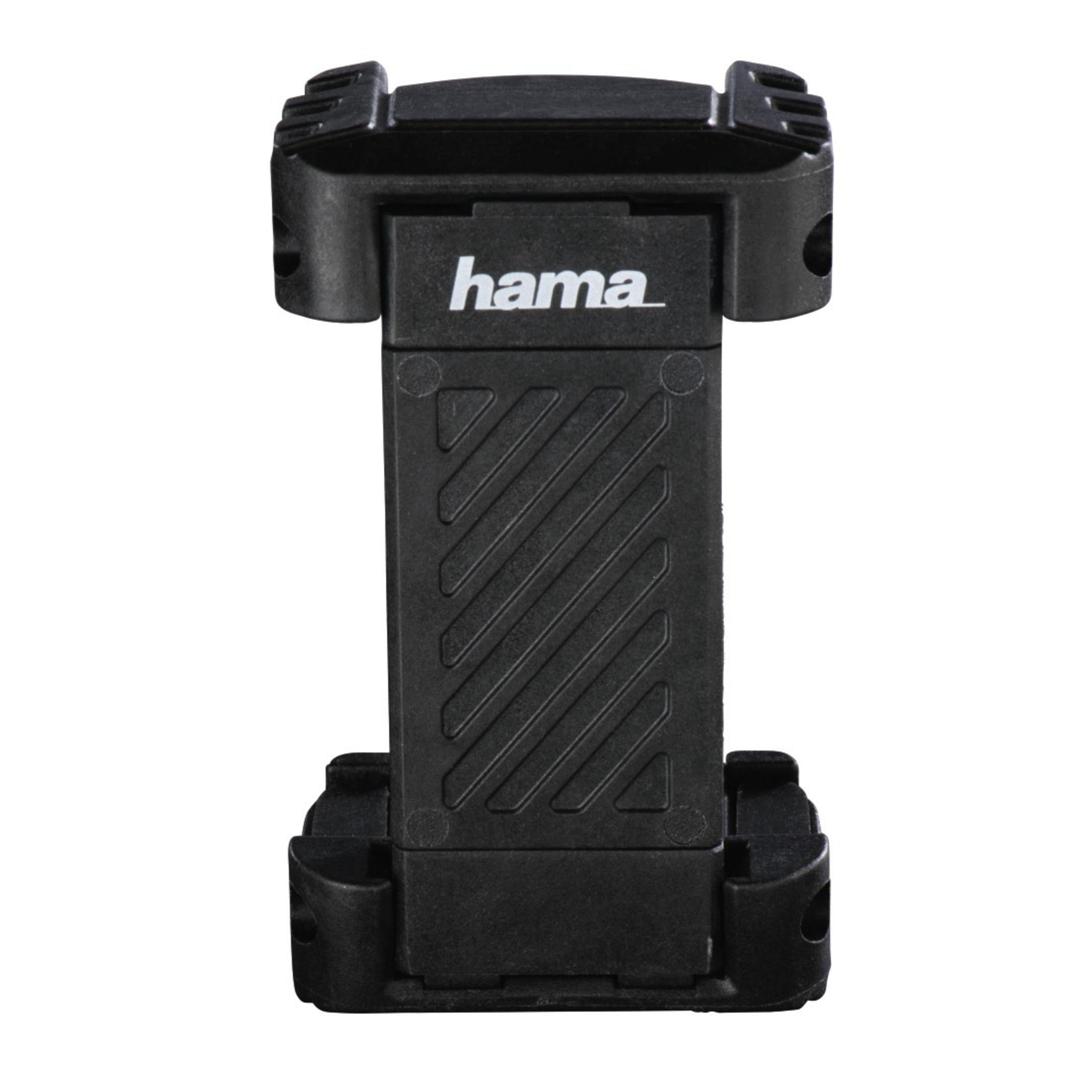 Soporte negro para teléfono con el logo 'hama', ranuras y superficies texturizadas.