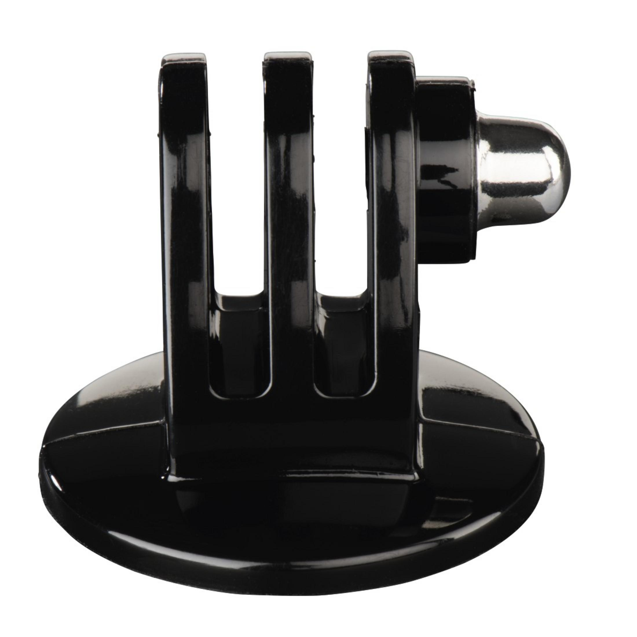 Soporte GoPro de plástico negro con tres púas y un accesorio de tornillo.