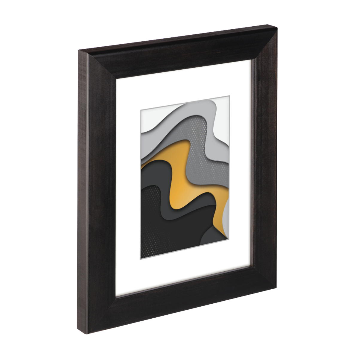 Dunkler Rahmen mit abstrakter Kunst. Grau, Schwarz und Gold geschichtetes Papierdesign. Weißer Hintergrund.