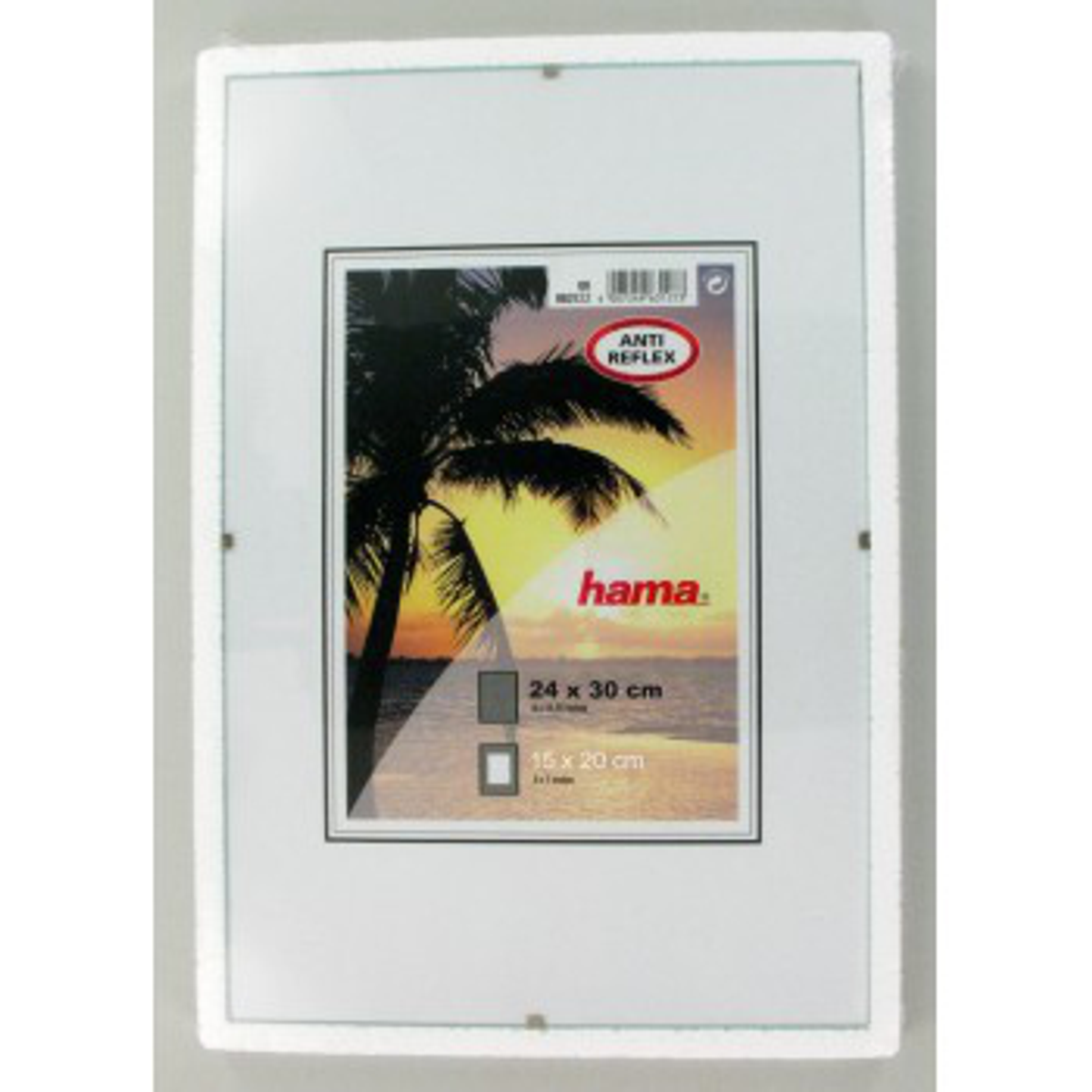 Fotorahmen mit Palmenbild und Text. Weißer Rahmen mit Glas.