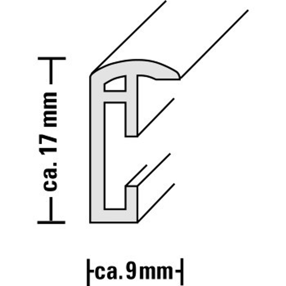 Corte transversal de una estructura, con medidas de 17 mm y 9 mm. Forma de C.