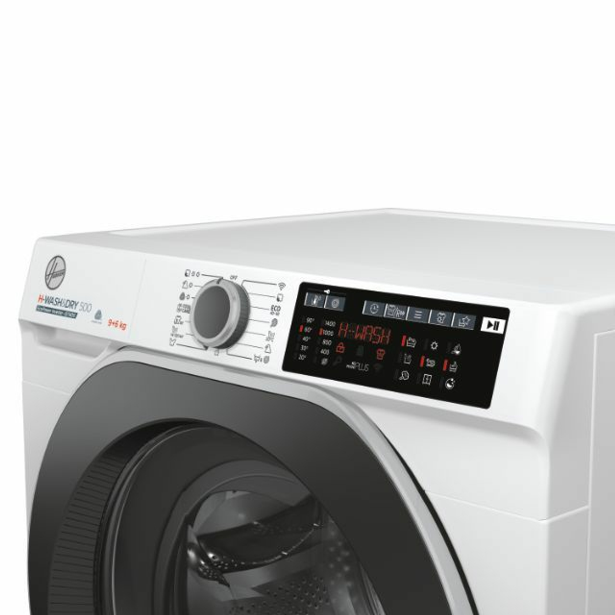 Weiße Waschmaschine mit schwarzer Tür und Bedienfeld. Die Marke ist Hoover.
