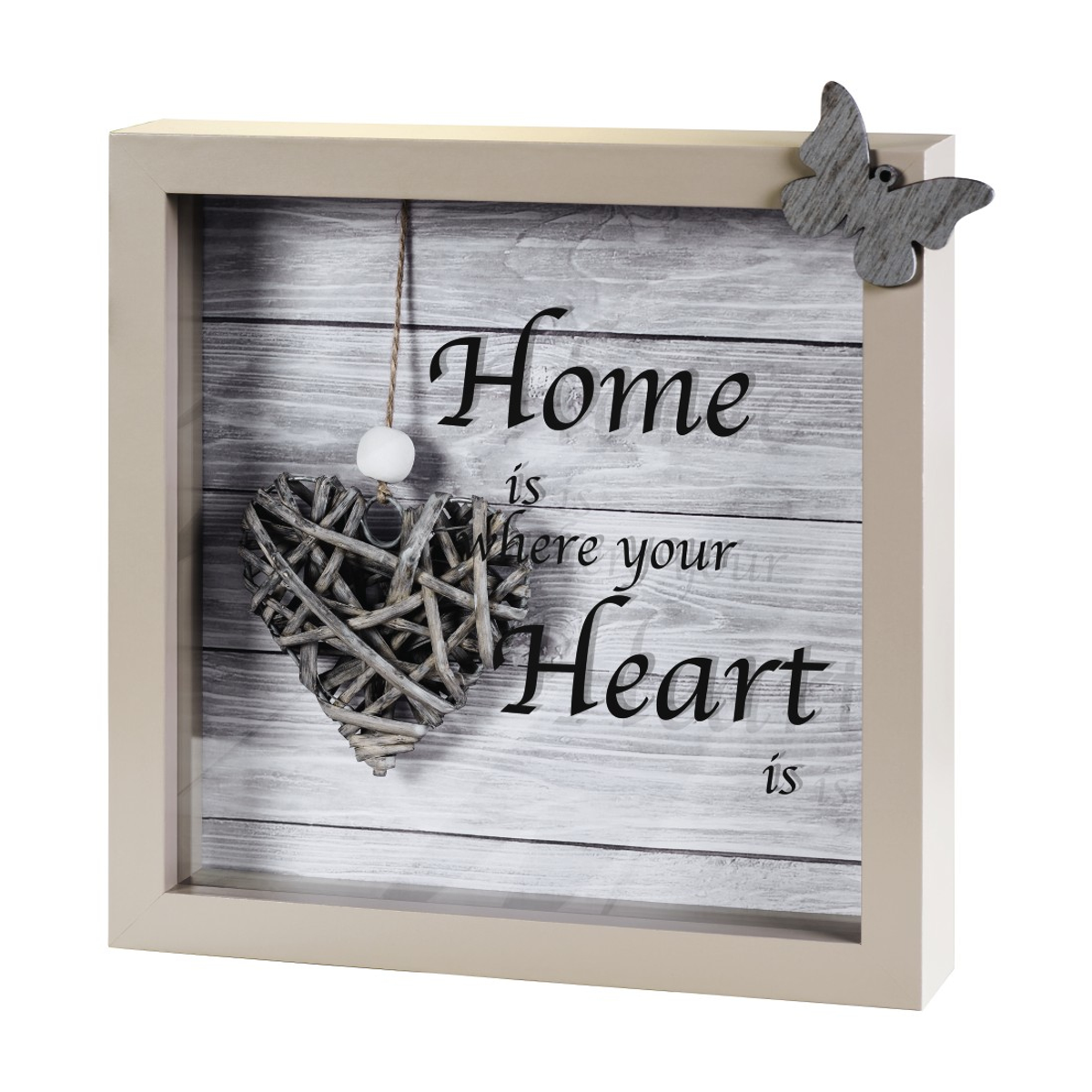Holzschild mit Text "Home is where your Heart is", Herz, und Schmetterling.