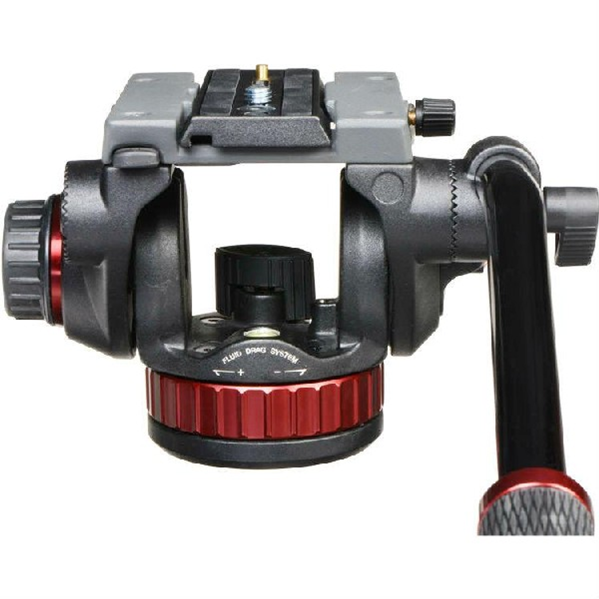 Een statiefkop voor camera's. Hij is zwart en rood met een handvat en een fluid drag systeem.