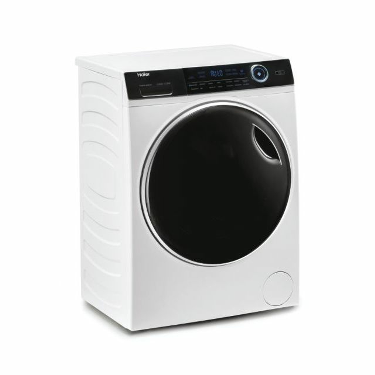 Lavatrice Haier bianca. Porta, display e comandi neri. Vista laterale, su sfondo bianco.