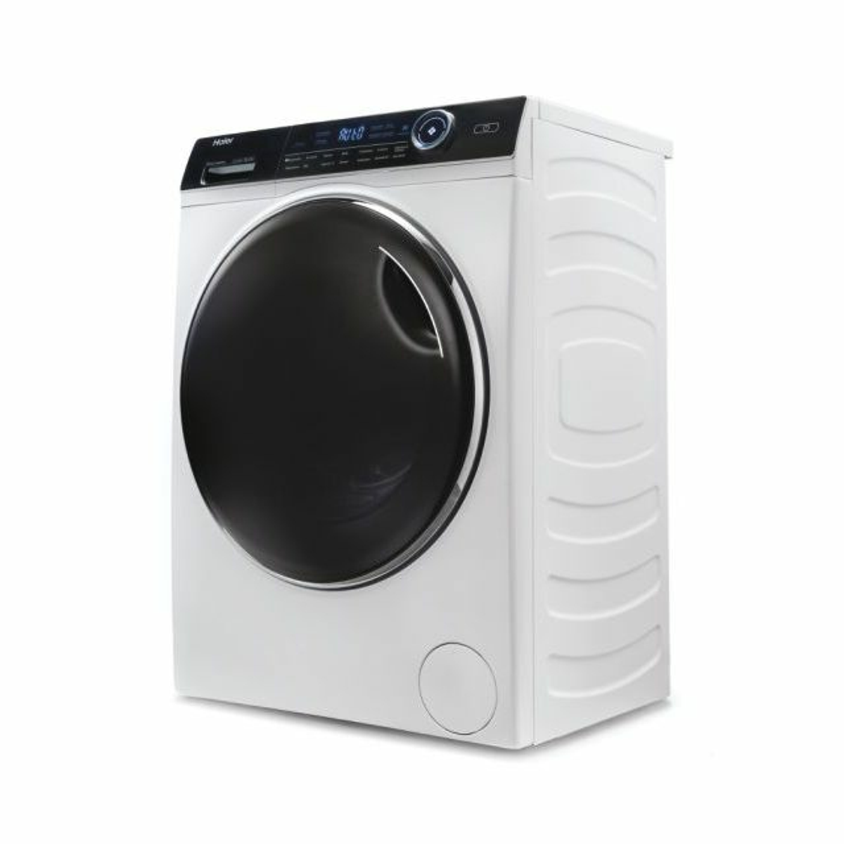 Lavatrice bianca con porta nera. È su uno sfondo bianco. Display digitale visibile.