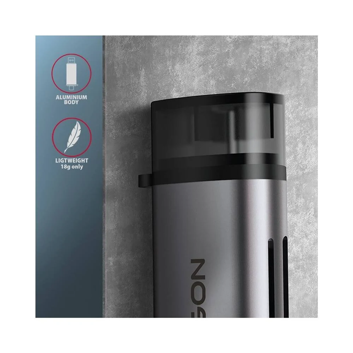 Srebrno-czarny obiekt z tekstem i diagramem. To aluminiowy korpus, lekki, tylko 18g.