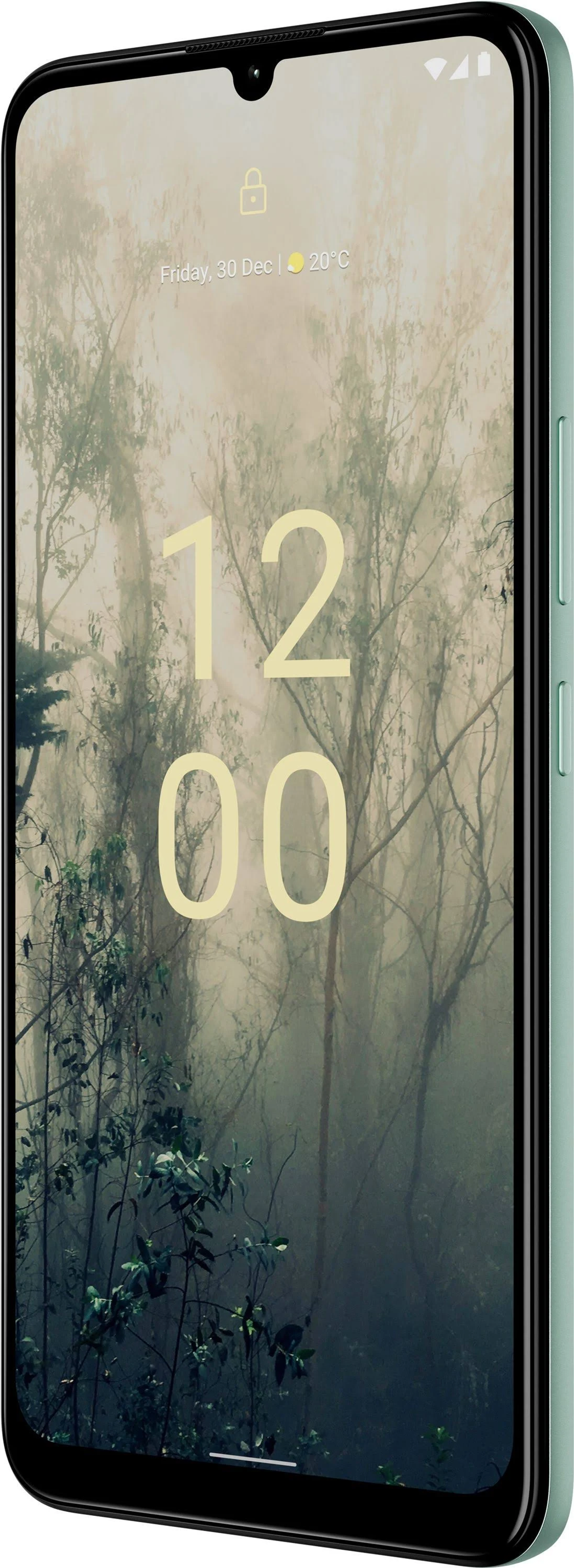 Ein grünes Smartphone, das einen Bildschirm mit einer Waldszene und der Uhrzeit 12:00 zeigt.