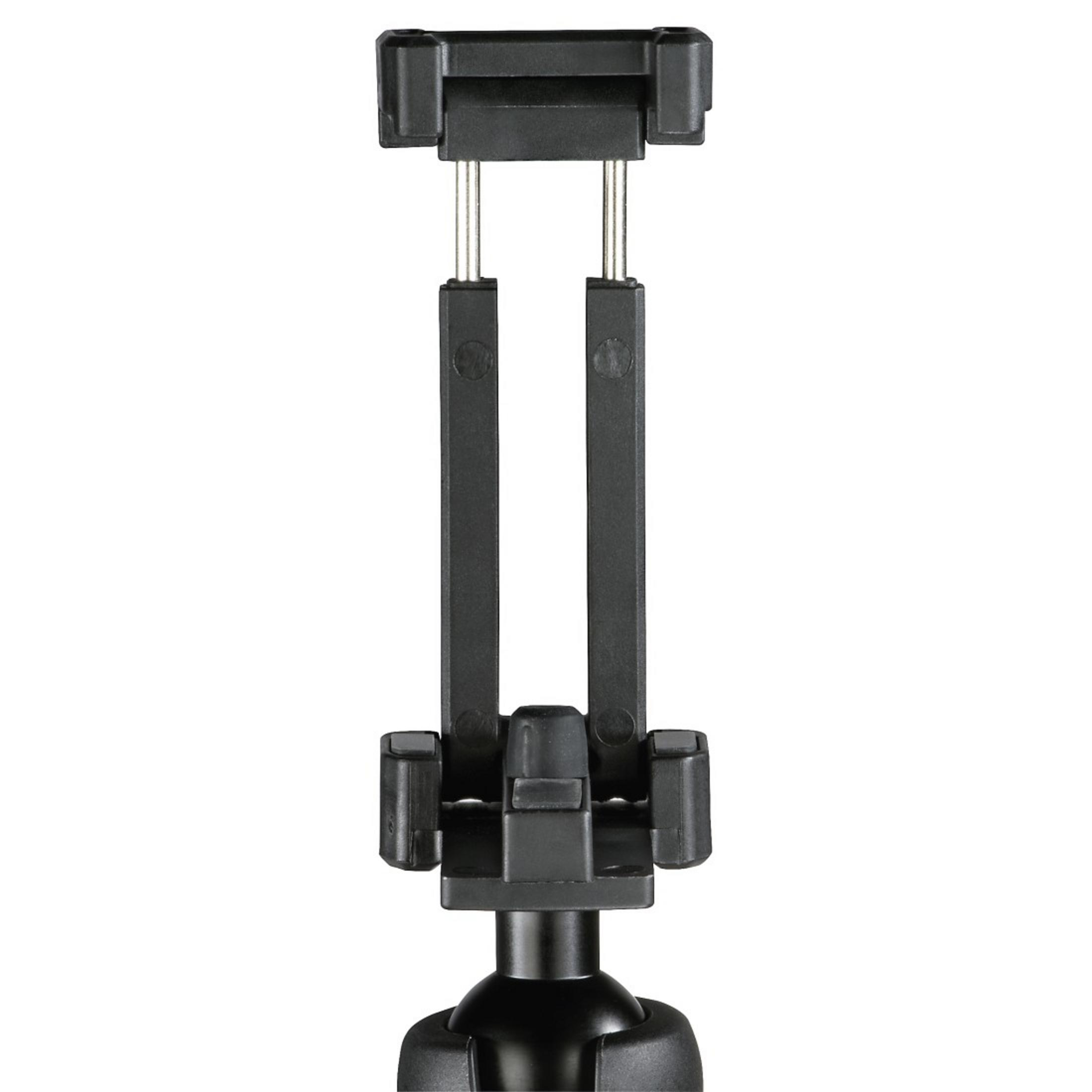 Soporte negro para teléfono inteligente. Es negro, con brazos ajustables y una base.