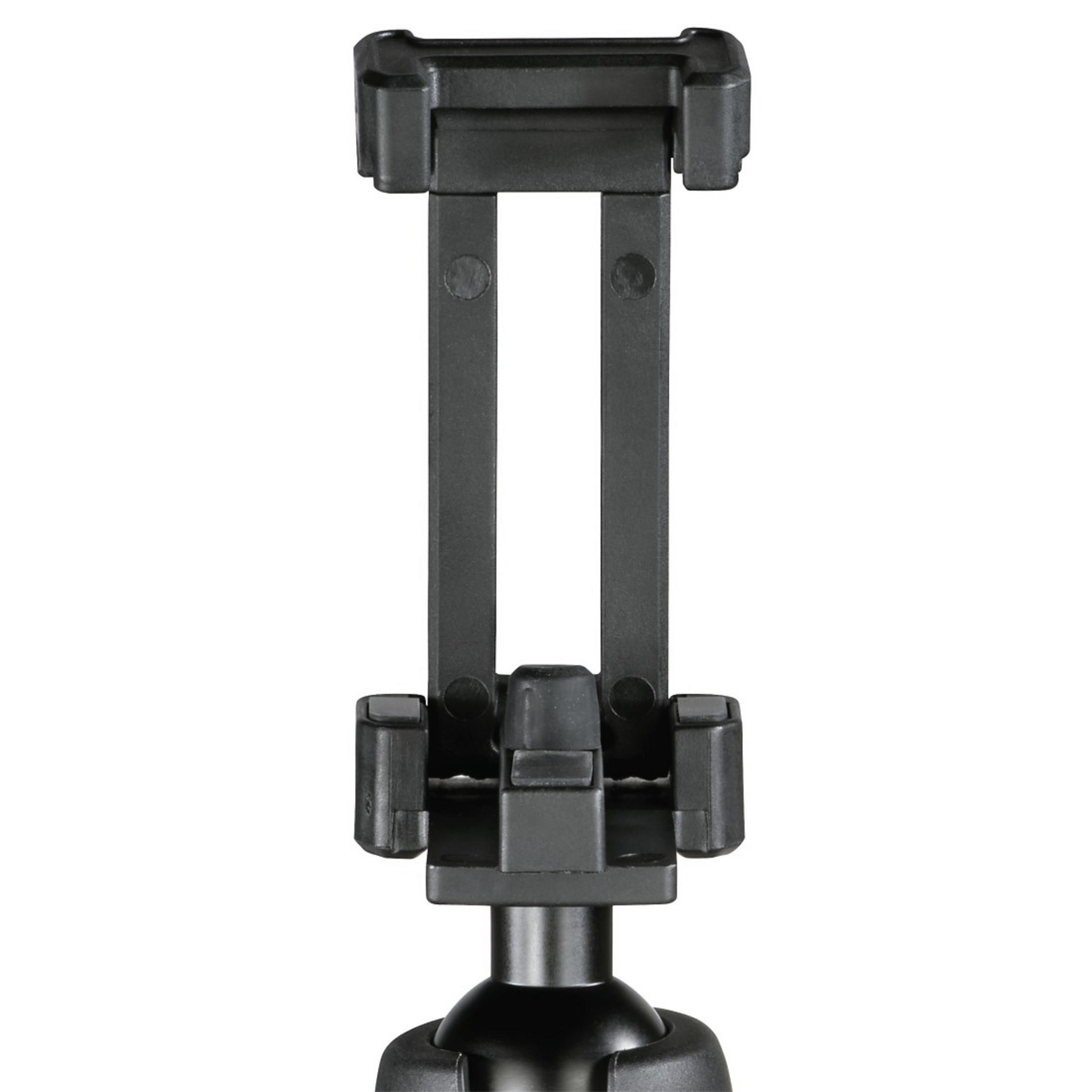 Un soporte negro para teléfono para un trípode, con una vista de cerca de sus partes ajustables.