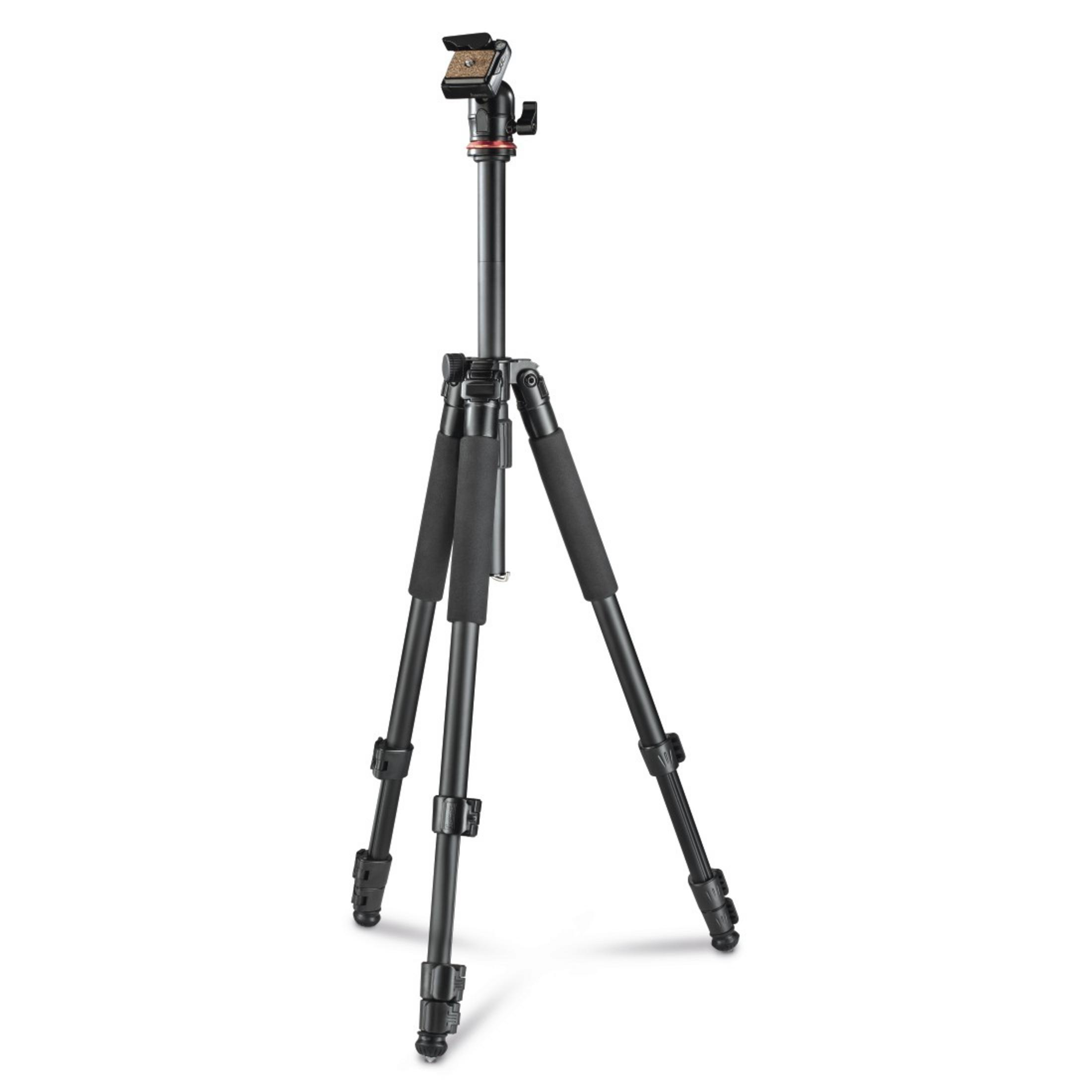 Un treppiede nero con tre gambe, un palo centrale e un supporto per fotocamera. Lo sfondo è bianco.