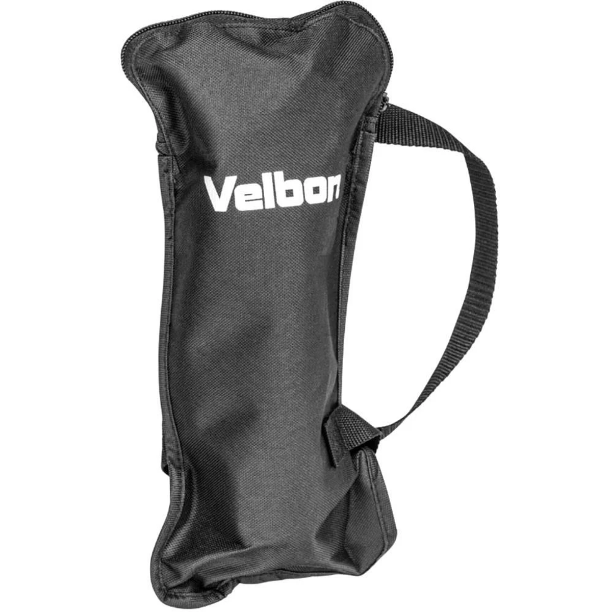 Eine schwarze Tragetasche mit weißem 'Velbon'-Logo und einem Riemen.