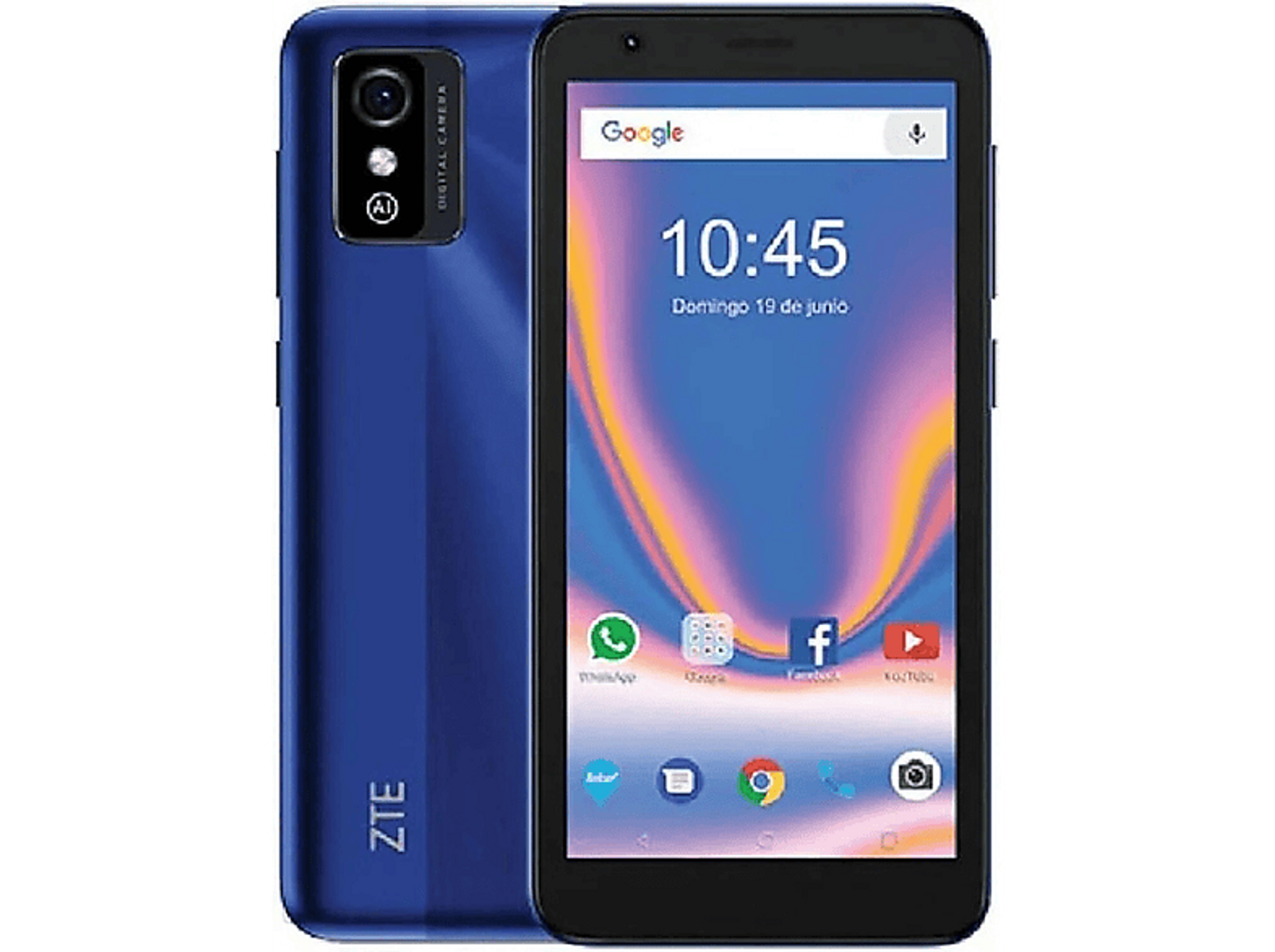 Teléfono ZTE azul con cámara dual. Pantalla muestra búsqueda Google e iconos de aplicaciones.
