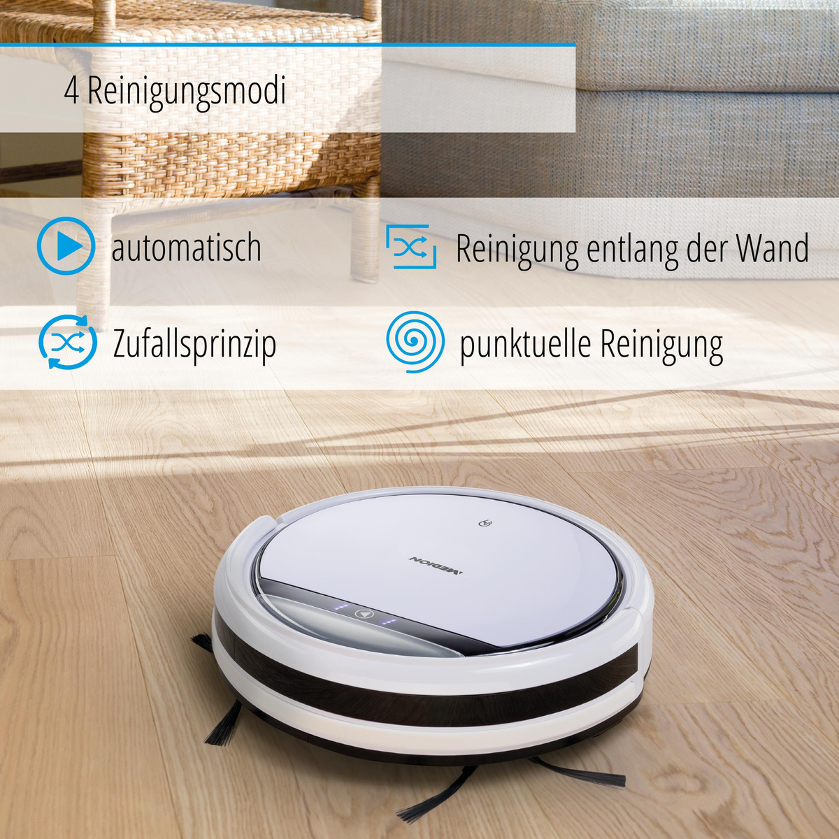 Un aspirapolvere robotico bianco e nero su un pavimento in legno, con icone che indicano le modalità di pulizia. Sfondo sfocato.