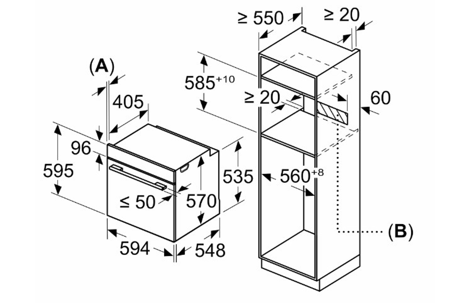 Diagrama de horno empotrado, mostrando dimensiones y medidas clave en milímetros para la instalación.