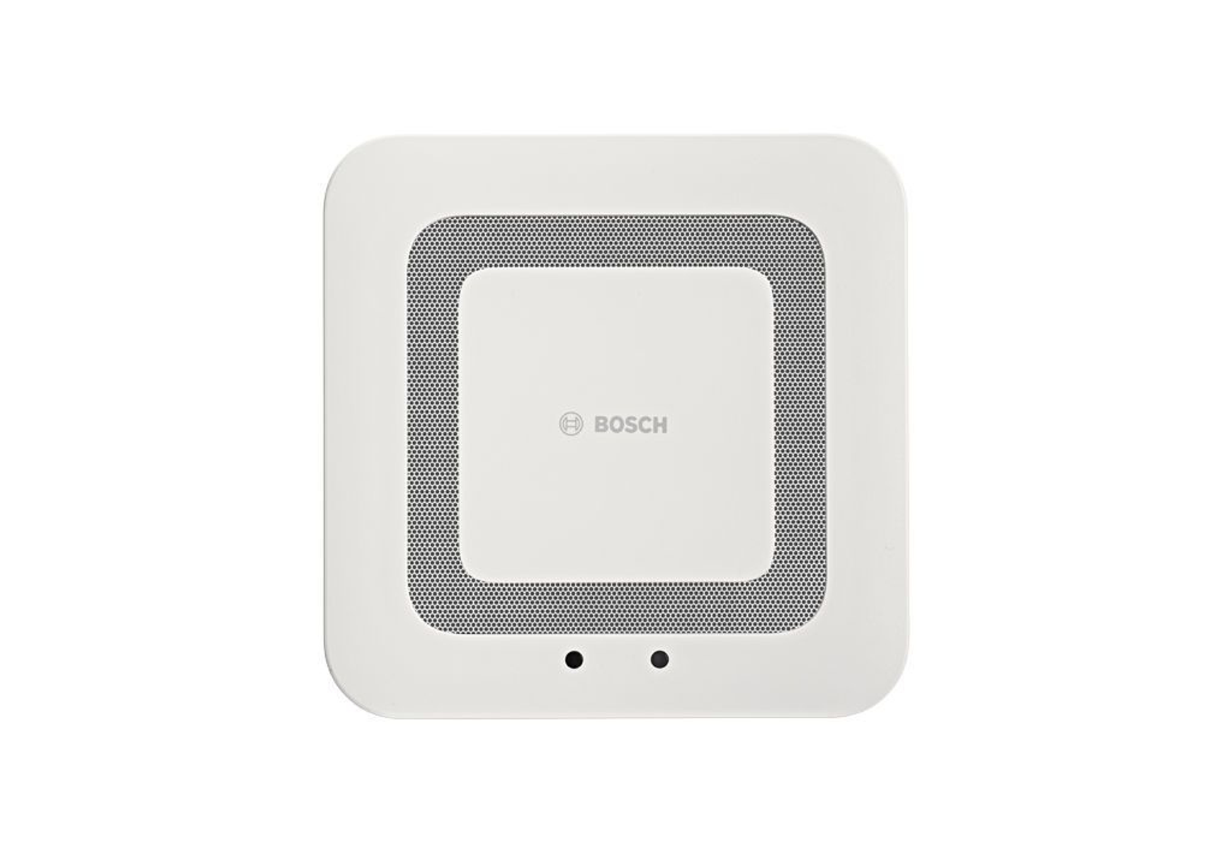 Biały kwadratowy detektor Bosch z czarną siatką i dwoma kropkami na białym tle.