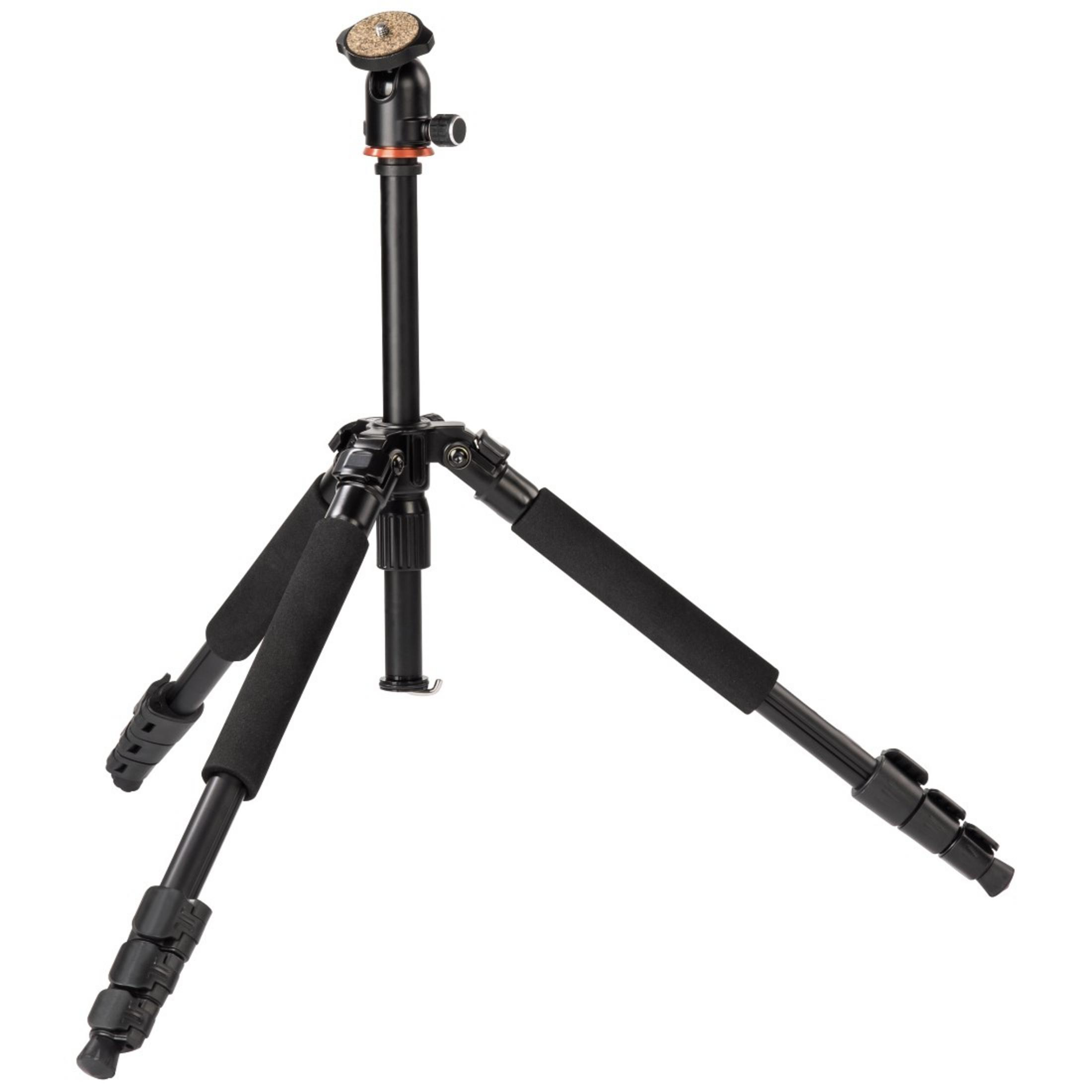 Trípode negro con tres patas extendidas, listo para montar la cámara.