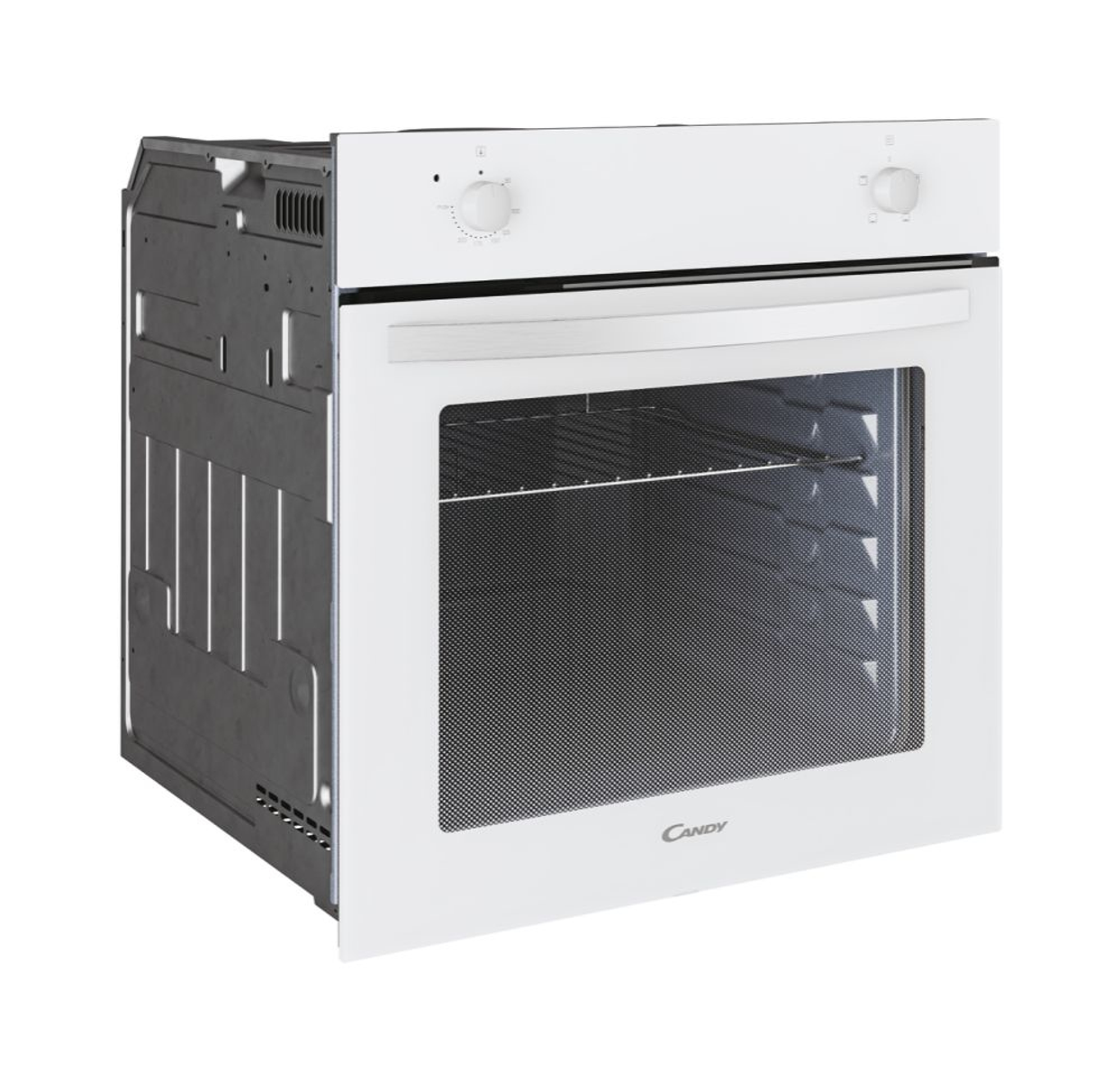 Un forno Candy bianco con la porta aperta, che mostra l'interno.