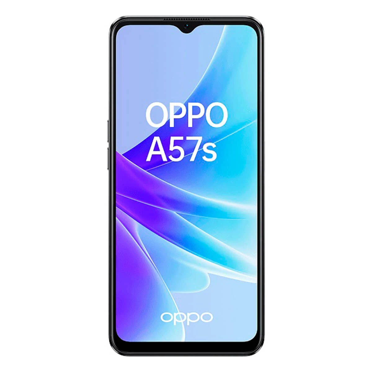 Un smartphone OPPO A57s sobre un fondo púrpura.