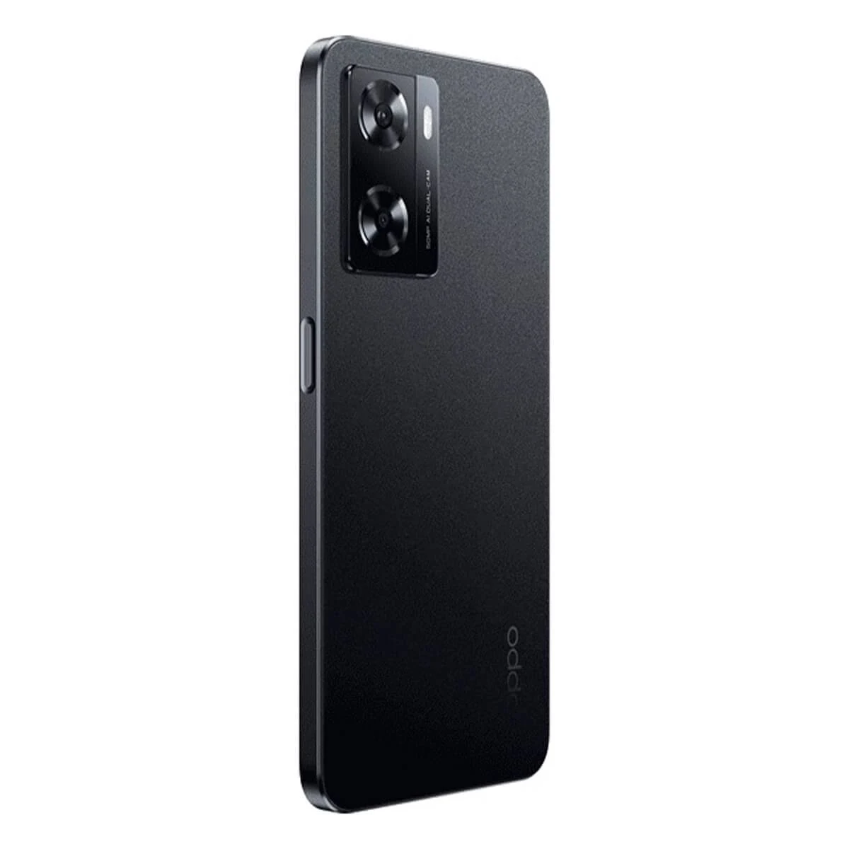 Un smartphone negro con cámaras duales en la parte trasera, con el logo de Oppo en la parte inferior.
