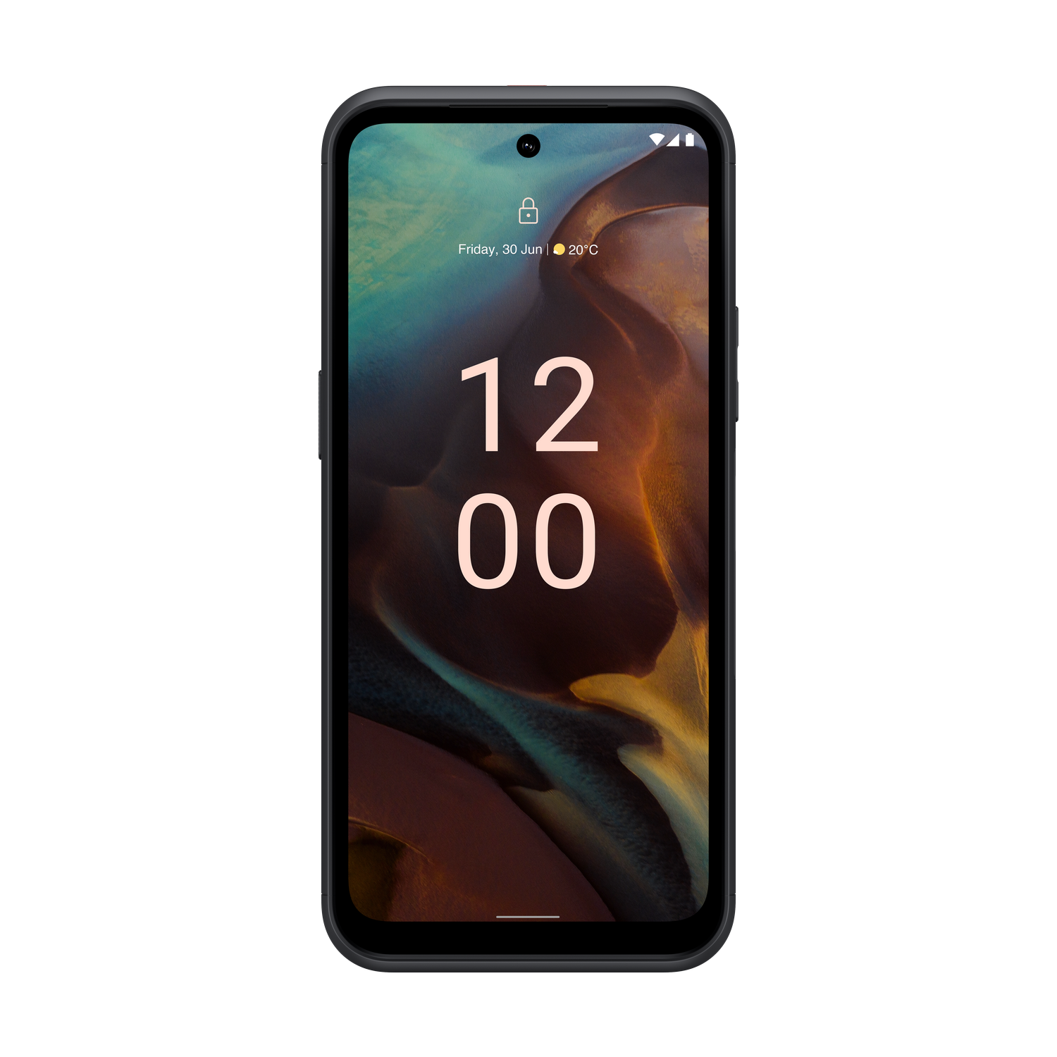 Ein schwarzes Smartphone mit der angezeigten Uhrzeit 12:00. Das Telefon befindet sich auf schwarzem Hintergrund.