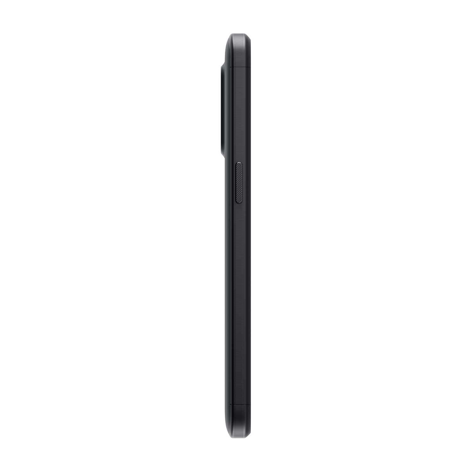 Dunkelgraues Smartphone, Seitenansicht, Rahmen und Knöpfe.