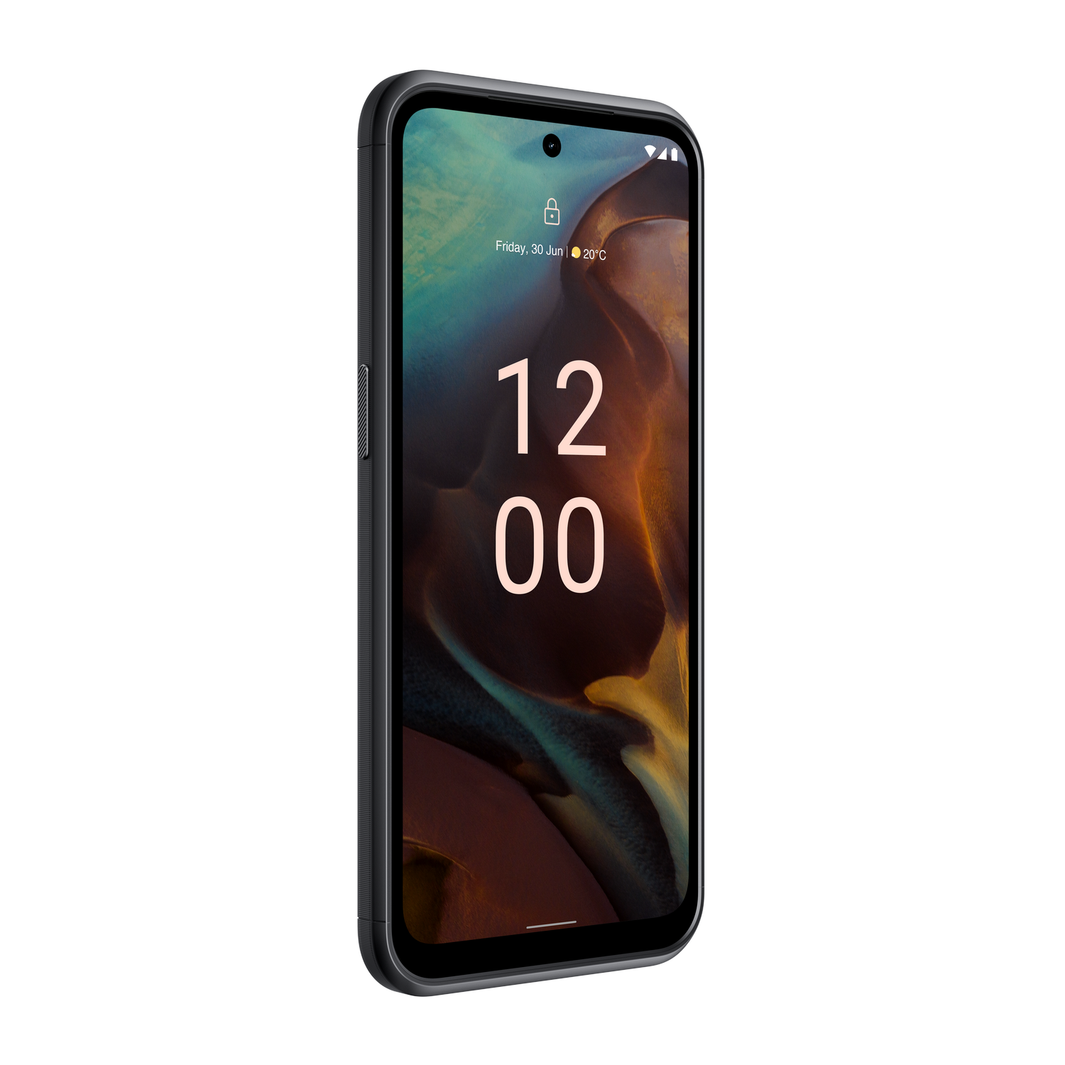 Ein Smartphone mit schwarzem Rahmen, das die Uhrzeit 12:00 Uhr zeigt, mit braunem HG.