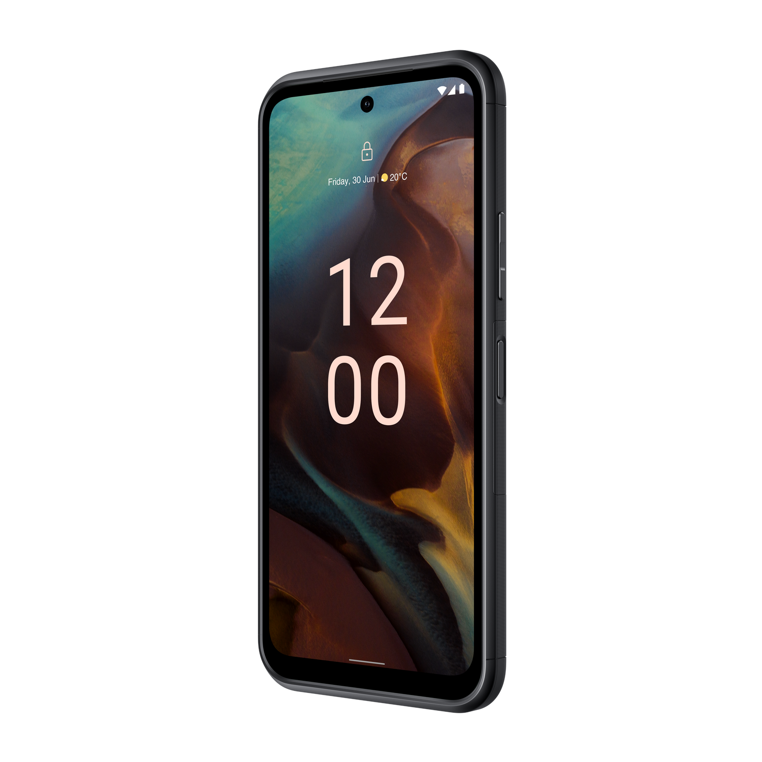 Schwarzes Smartphone mit Zeitanzeige, isoliert auf schwarzem Hintergrund, nach rechts geneigt.