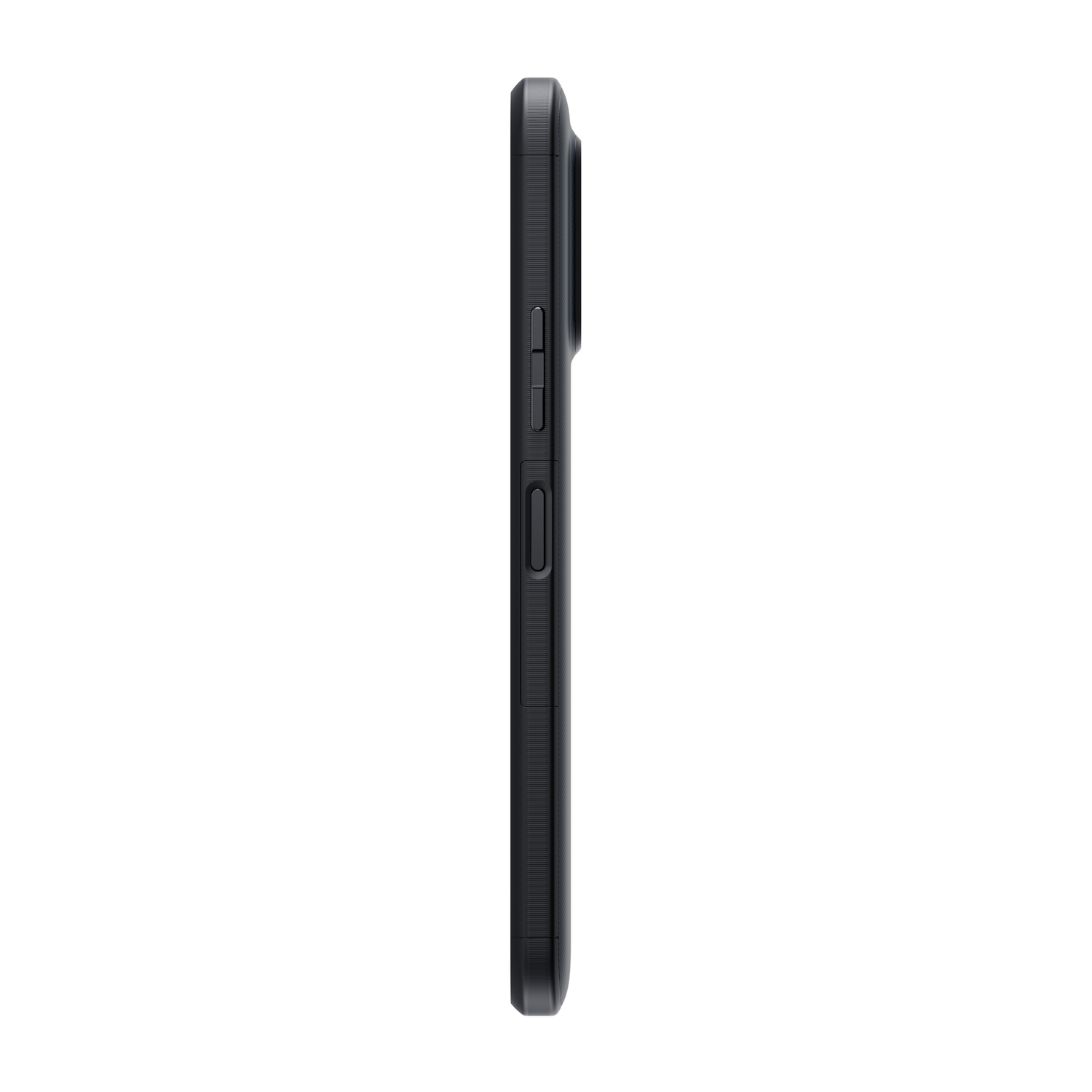 Seitenansicht eines schwarzen Smartphones, mit Knöpfen und strukturierter Oberfläche. Schwarzer Hintergrund.