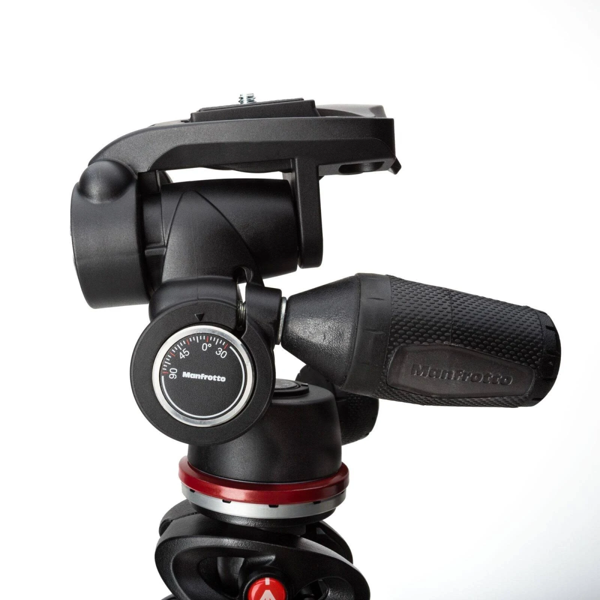 Czarna głowica statywu Manfrotto z tarczą i uchwytem, na białym tle.