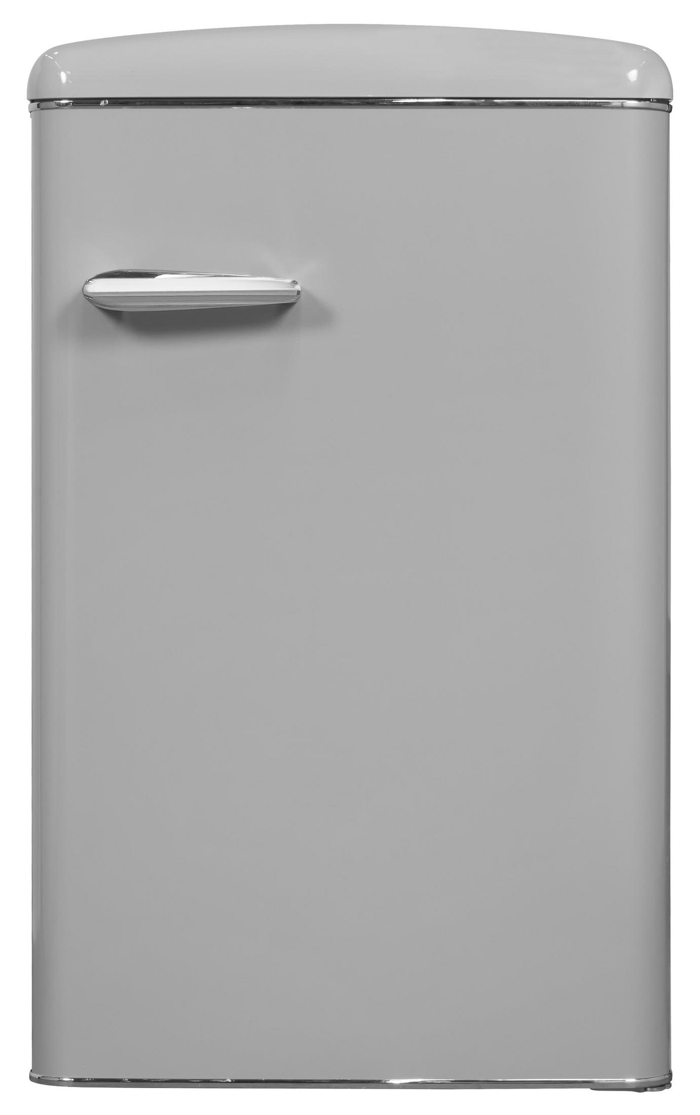 Refrigerador retro gris con manija y molduras cromadas, sobre un fondo blanco.