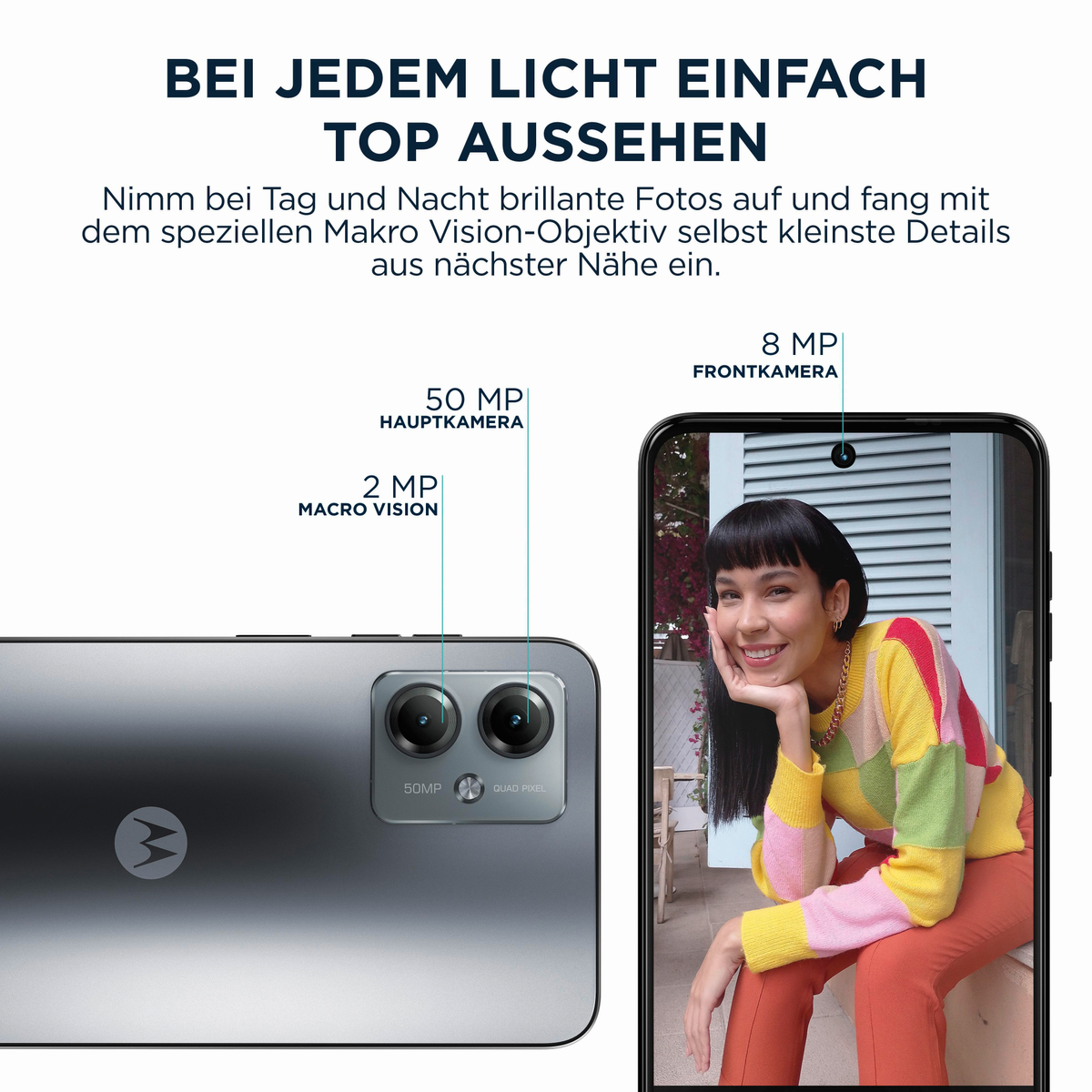 Un smartphone muestra una foto de una mujer y especificaciones de la cámara. El teléfono tiene cámaras.