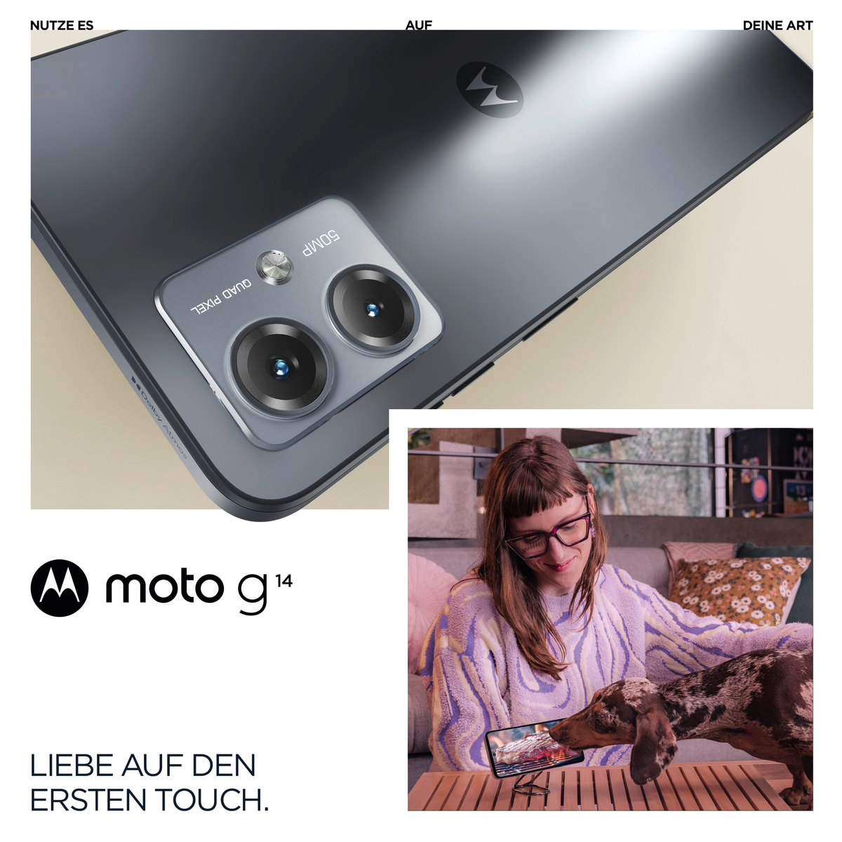 Primer plano de un teléfono con un perro y un logotipo de moto g14.