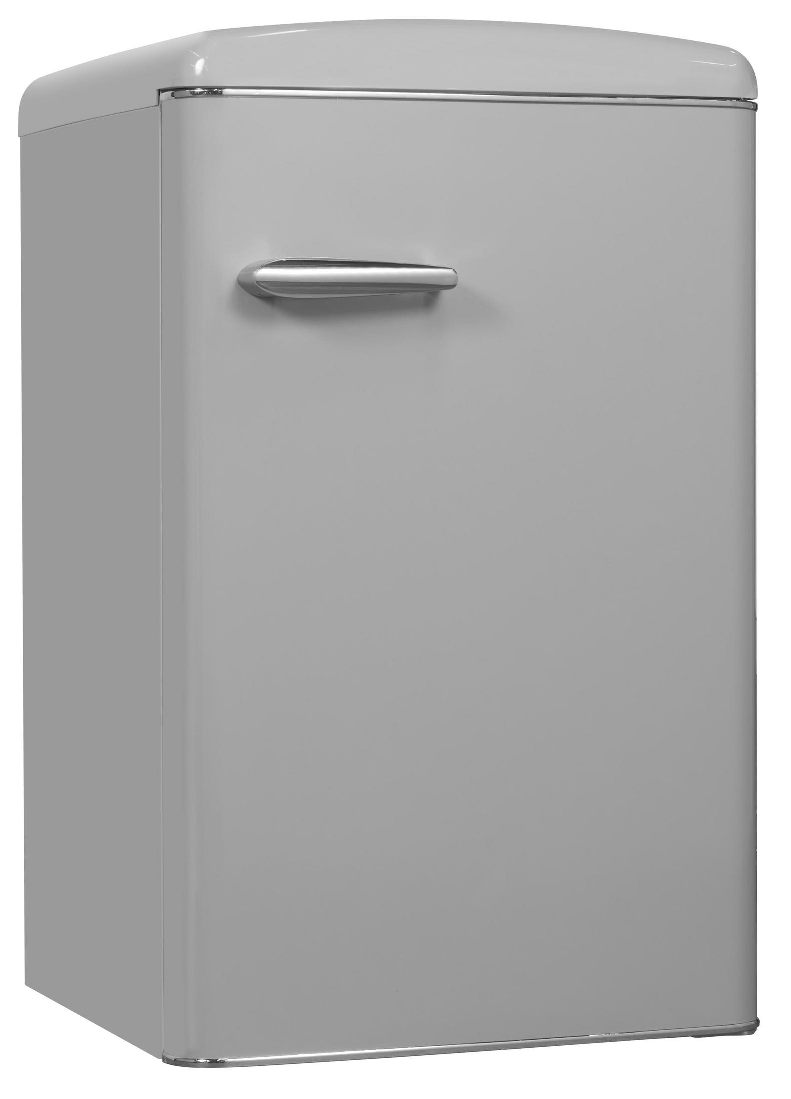 Un refrigerador gris con una manija. Fondo blanco.