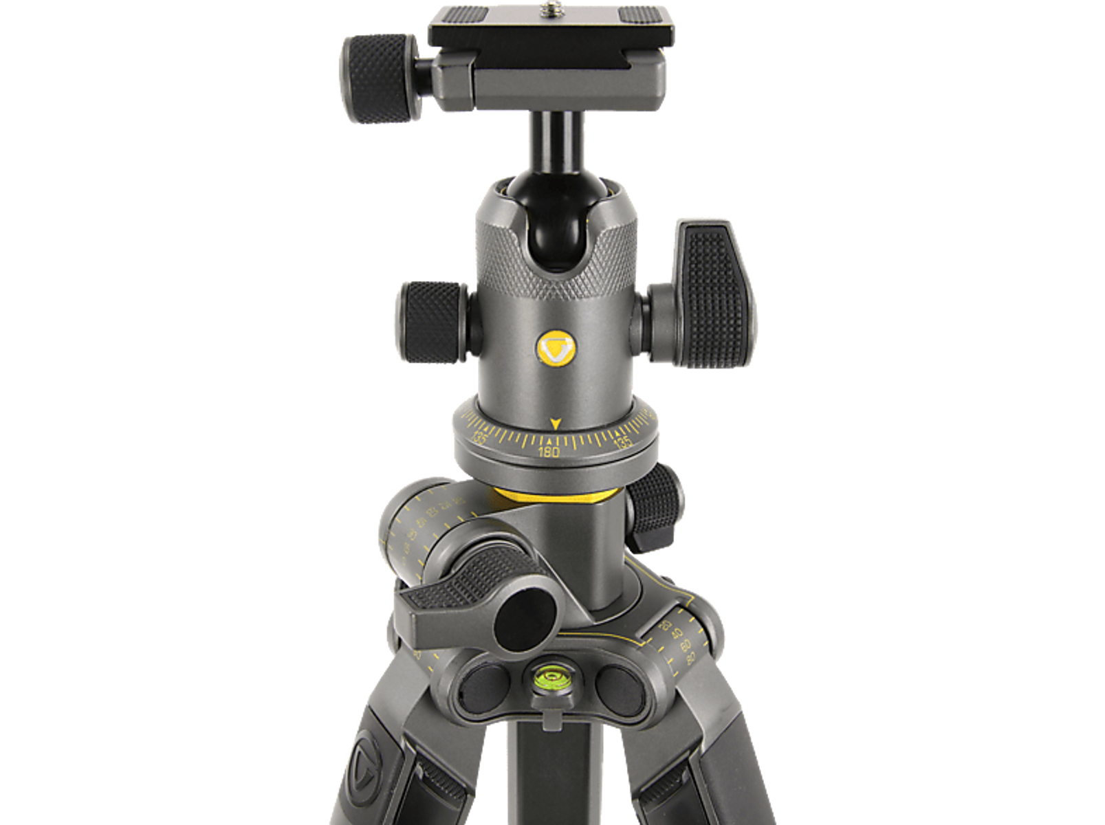 Statyw z trzema nogami, głowicą z regulowanymi pokrętłami. Jest ciemnoszary i żółty.