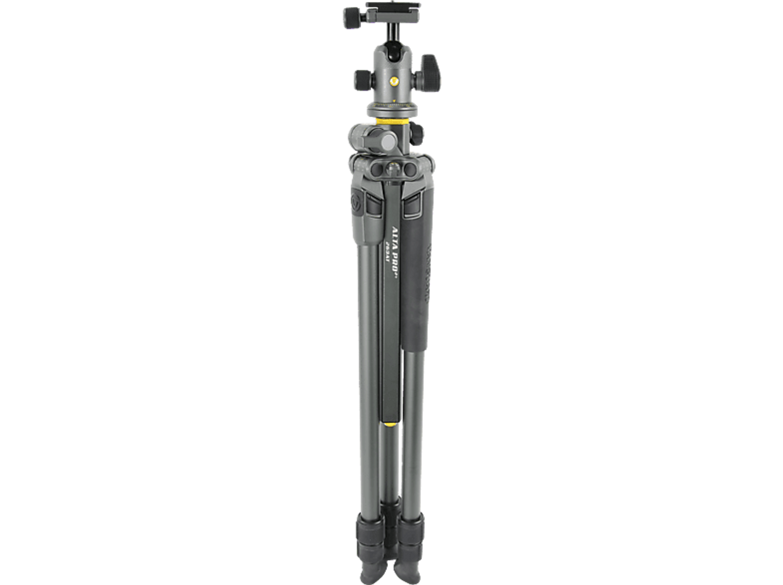 Statyw, czarny i szary, z regulowaną głowicą, rozłożonymi nogami.