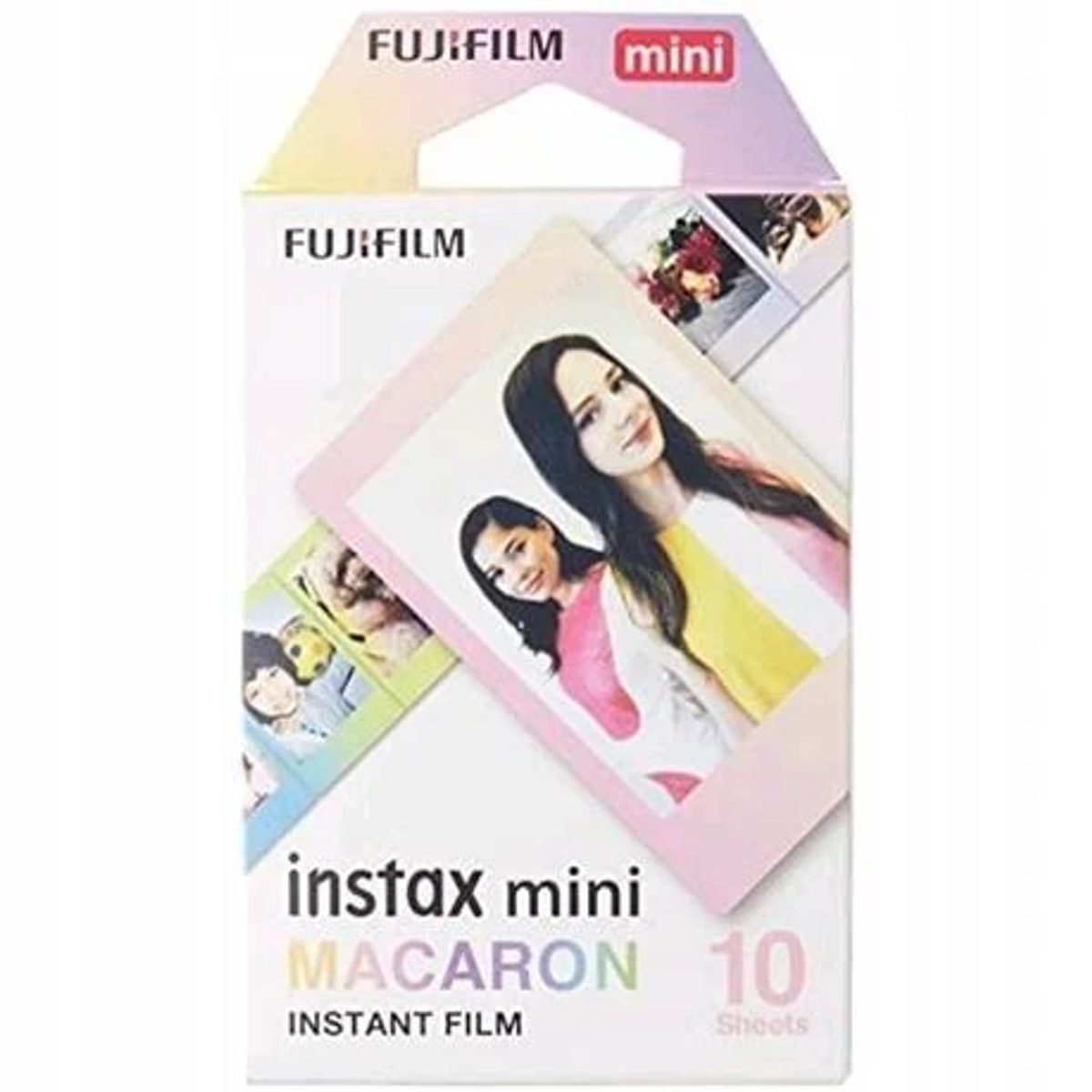 Una caja de película instantánea Fujifilm Instax Mini Macaron, que muestra fotos y hojas de película.