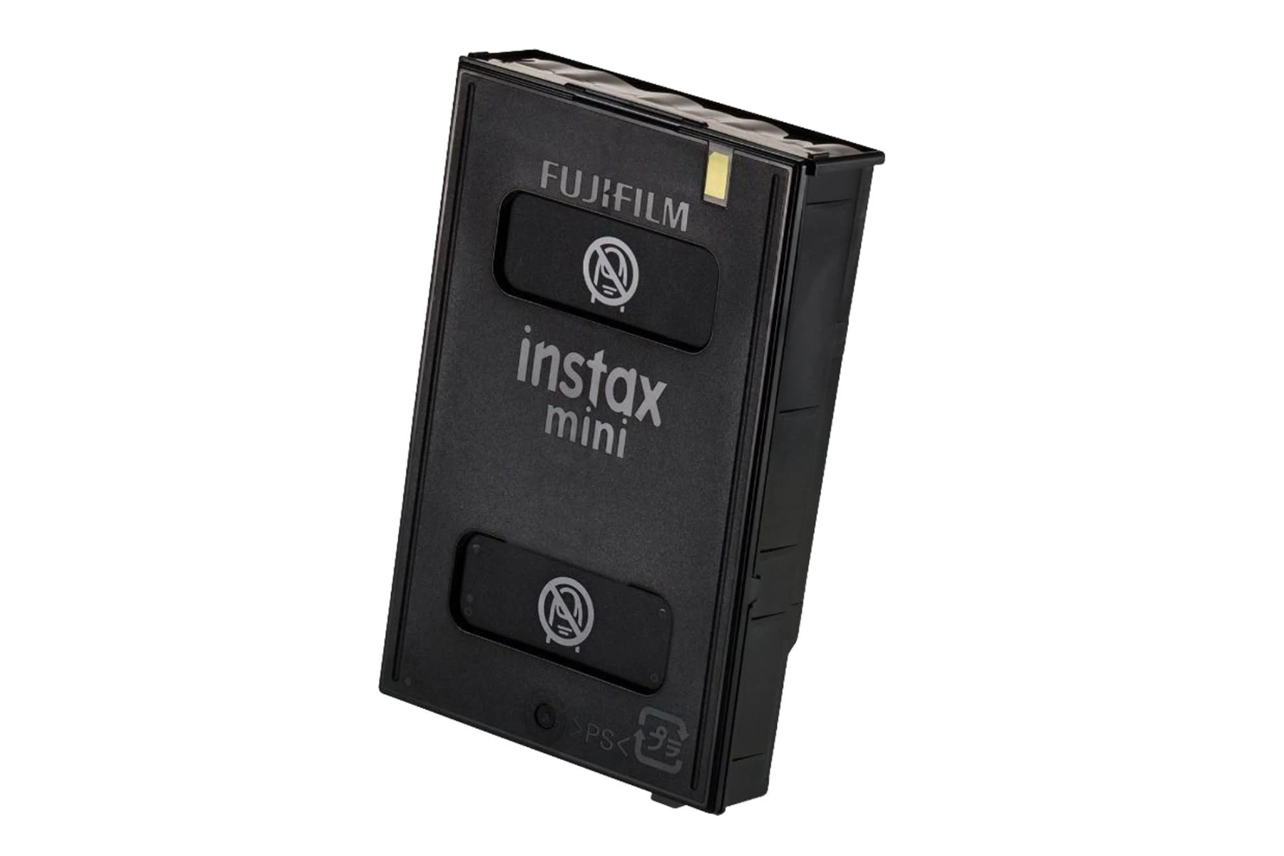 Cartucho de película Fujifilm Instax Mini negro. El cartucho tiene una etiqueta y está sobre un fondo blanco.