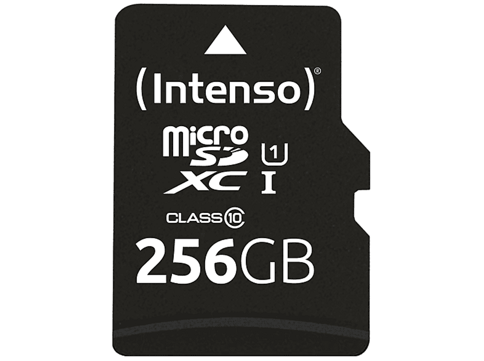 Czarna karta MicroSD marki Intenso o pojemności 256 GB.