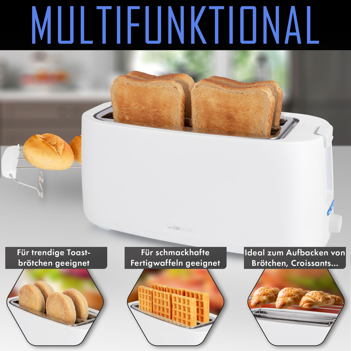 Weißer Clatronic Toaster mit Toastbrot, Waffeln und Croissants mit Text.