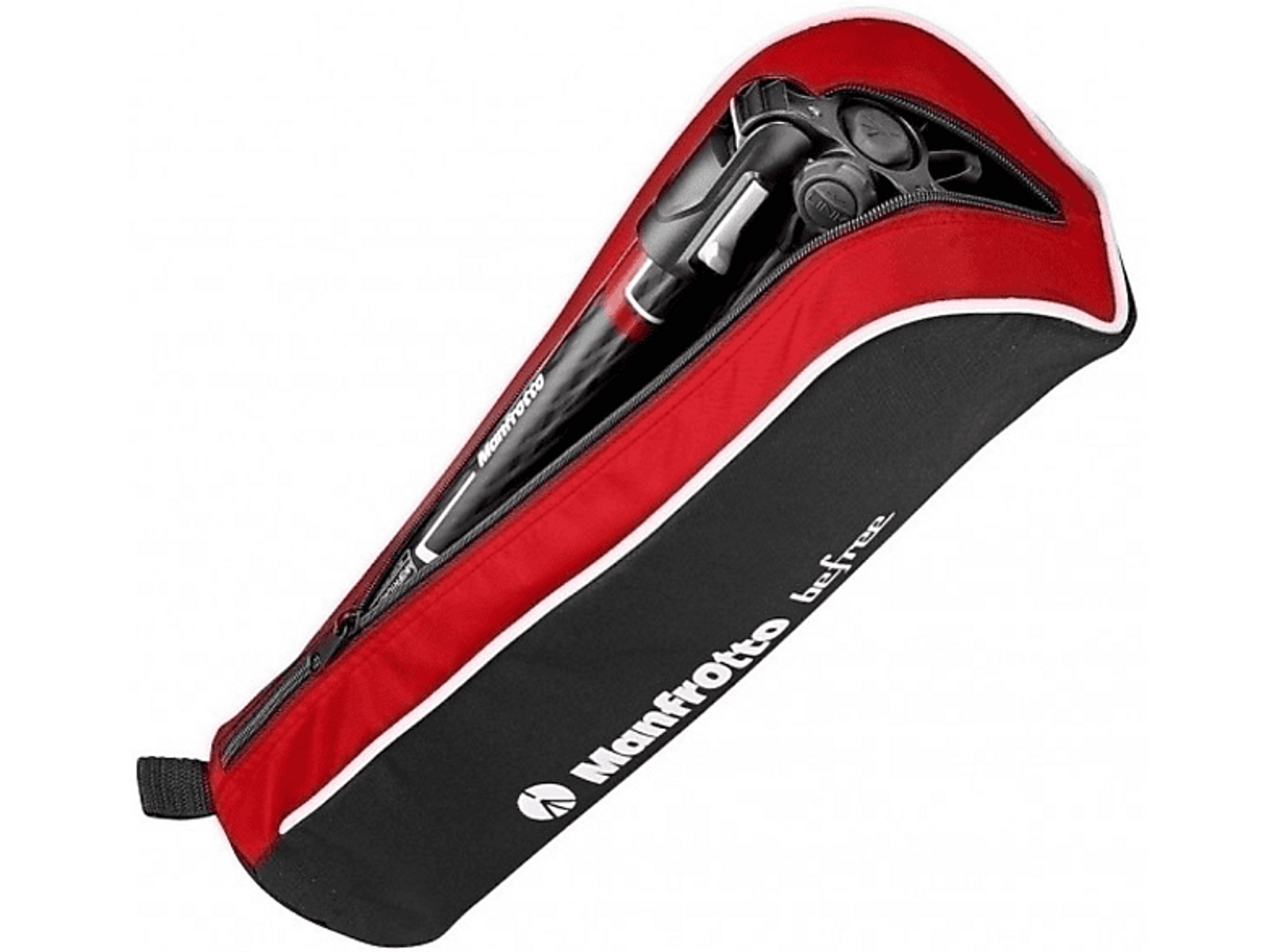 Funda de trípode Manfrotto negra y roja, abierta con cremallera, mostrando el trípode.