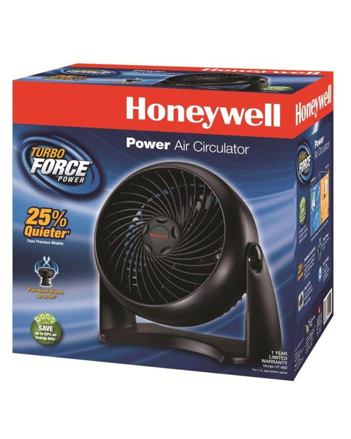 Wentylator Honeywell turbo force w pudełku. Pudełko zawiera tekst i zdjęcia wentylatora i mówi, że jest cichszy.