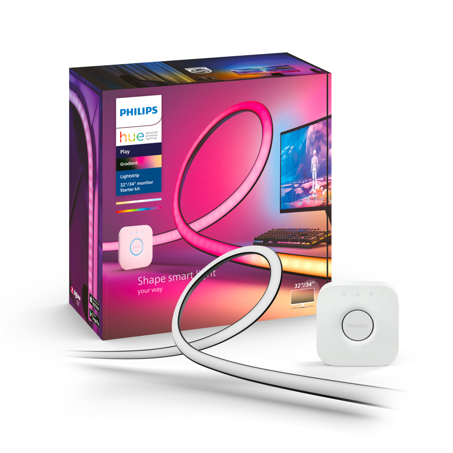 Pudełko i komponenty Philips Hue Play Gradient Lightstrip. Posiada różowe i białe opcje oświetlenia.