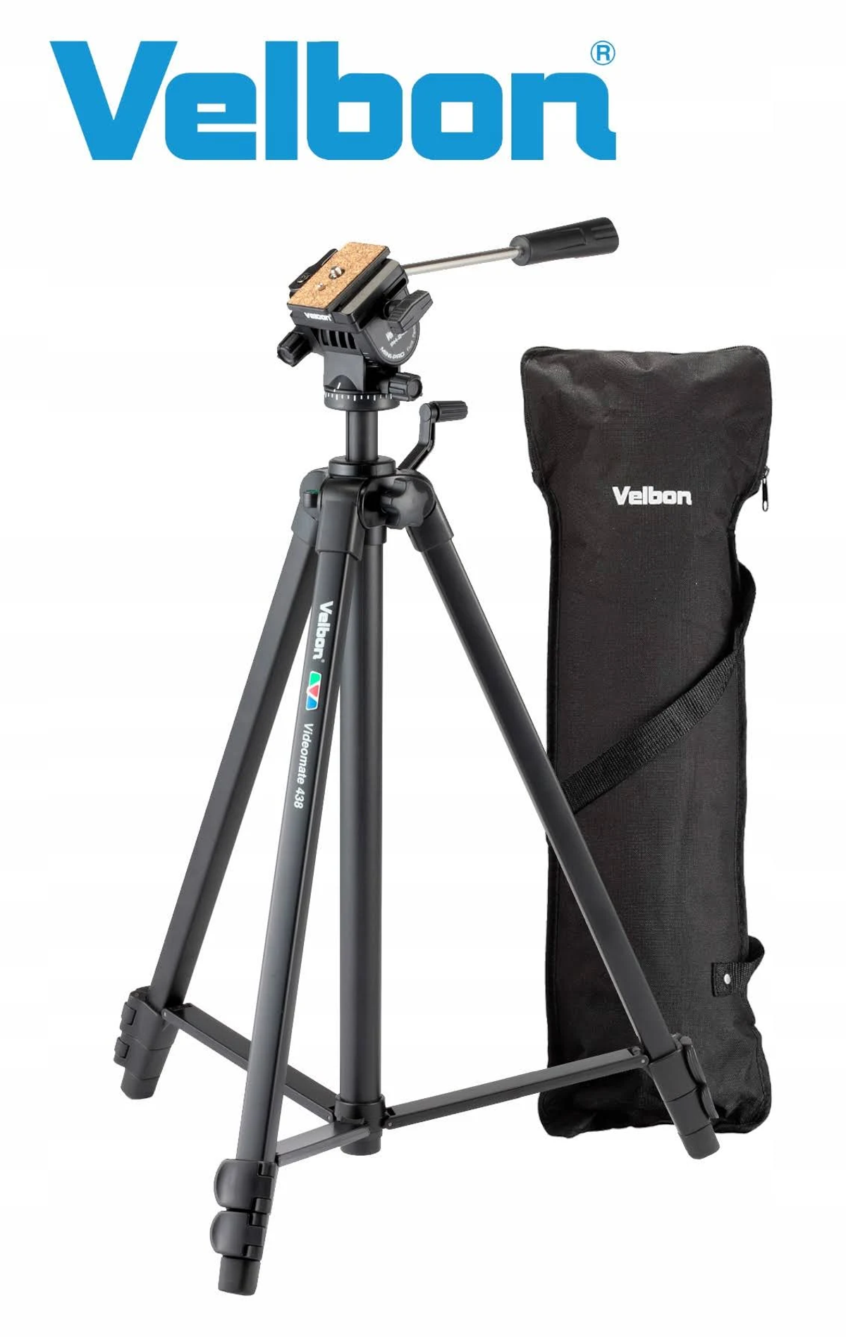 Un trípode Velbon negro con una bolsa de transporte. Fondo blanco. El logotipo de Velbon es visible.